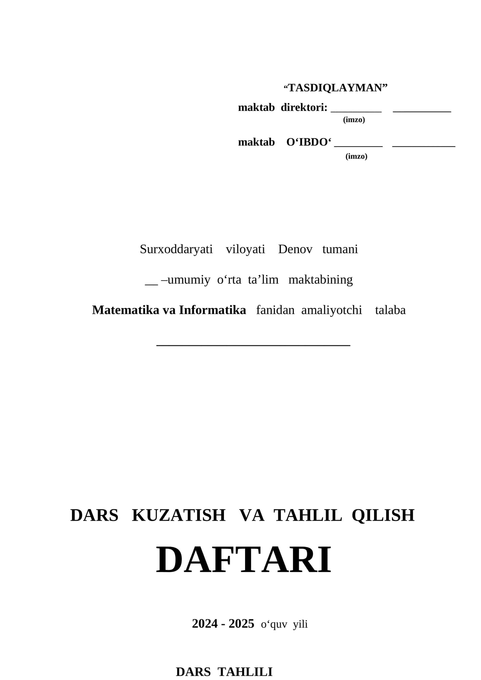 DARS KUZATISH VA TAHLIL QILISH DAFTARI