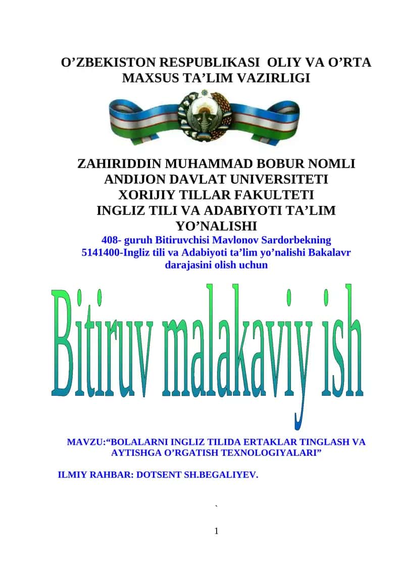 BOLALARNI INGLIZ TILIDA ERTAKLAR TINGLASH VA AYTISHGA O’RGATISH TEXNOLOGIYALARI