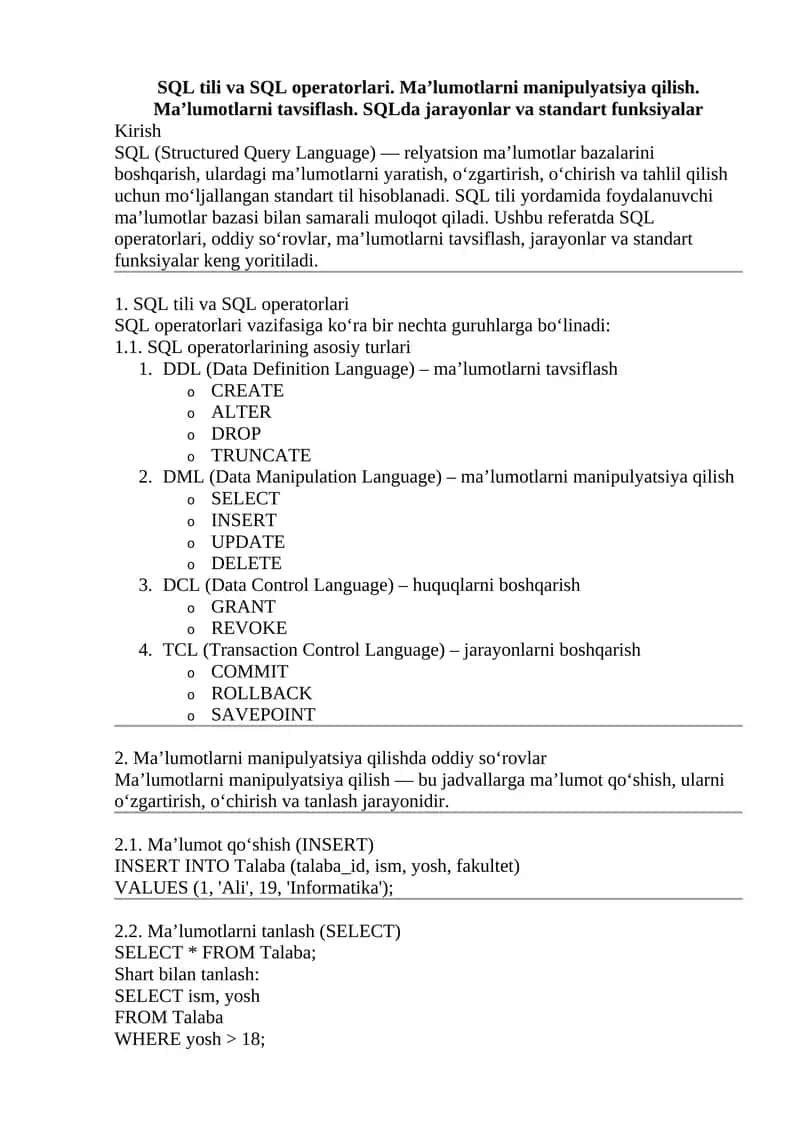 SQL tili va SQL operatorlari