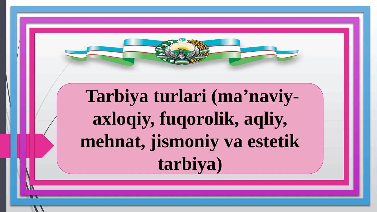 Tarbiyaturlari(ma’naviy-axloqiy,fuqorolik,aqliy,mehnat,jismoniyvaestetiktarbiya)
