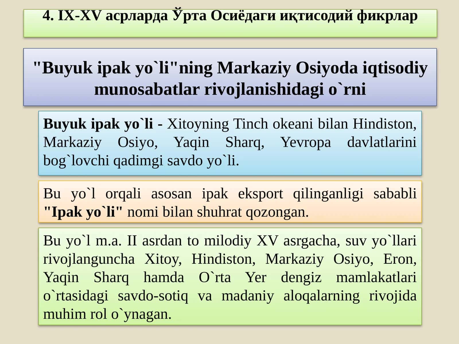 Buyuk ipak yo`lining Markaziy Osiyoda iqtisodiy munosabatlar rivojlanishidagi o`rni