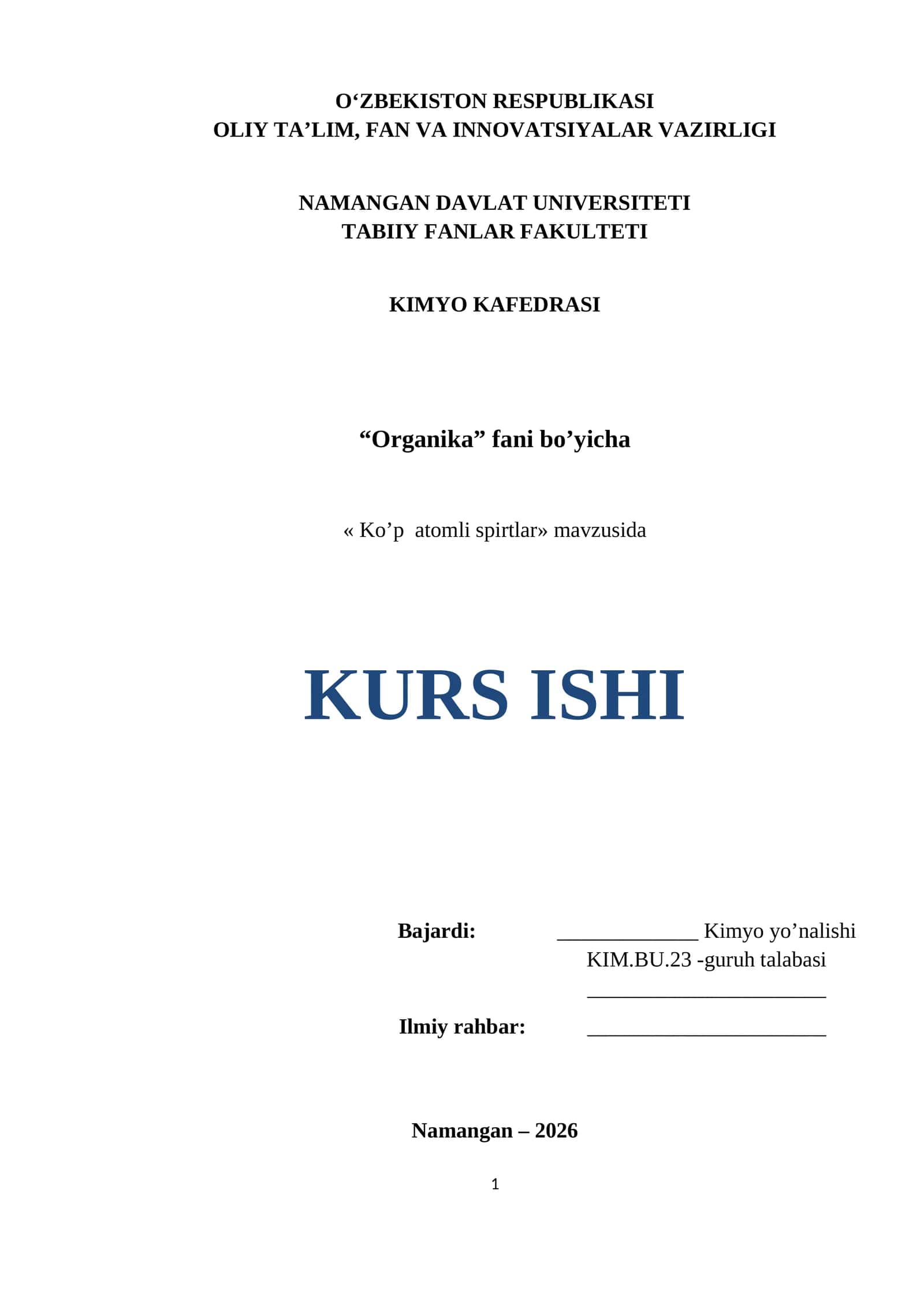 Ko’p atomli spirtlar mavzusida KURS ISHI