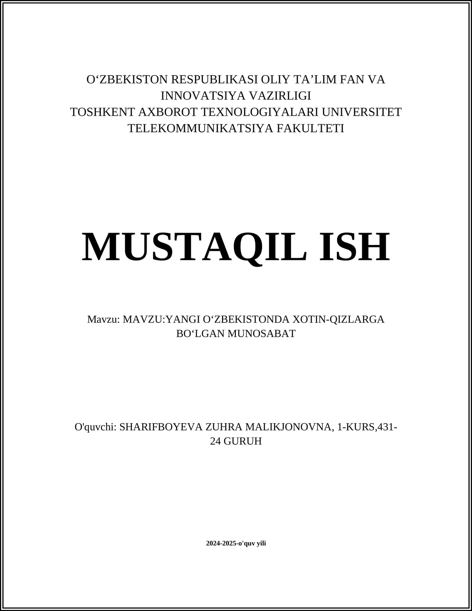 YANGI O‘ZBEKISTONDA XOTIN-QIZLARGA BO‘LGAN MUNOSABAT