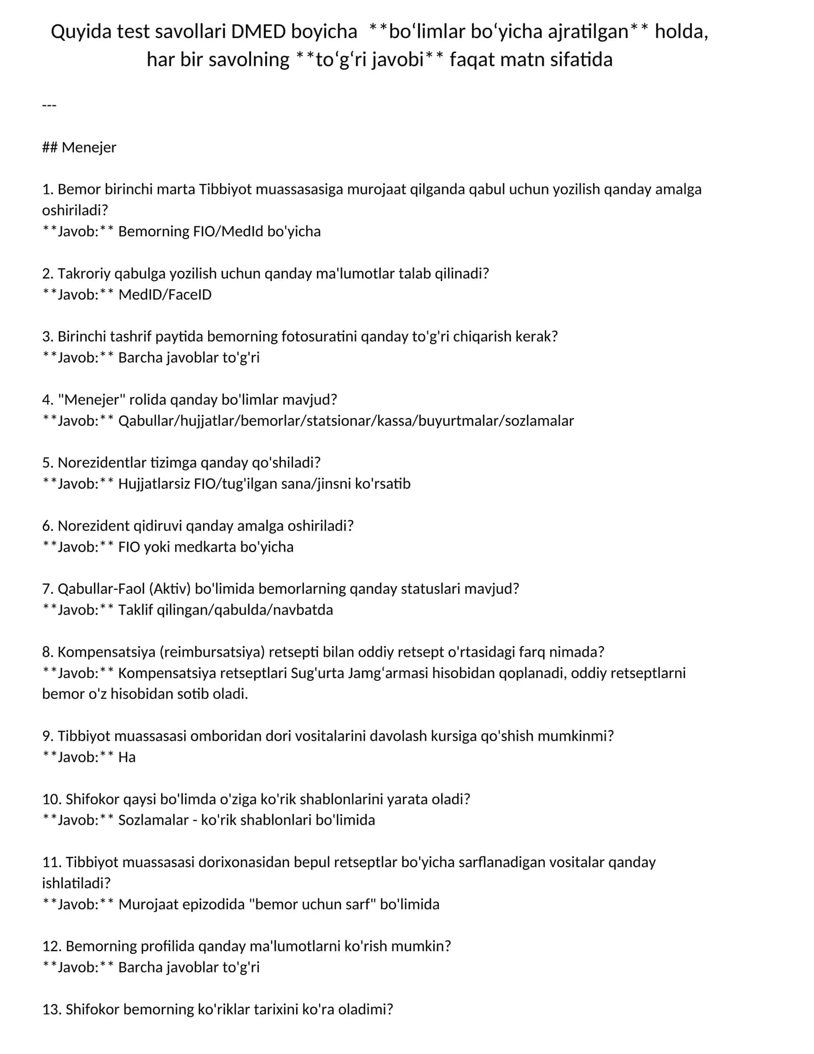 Test savollari DMED boyicha  **bo‘limlar bo‘yicha ajratilgan** holda, har bir savolning **to‘g‘ri javobi bilan** faqat matn sifatida