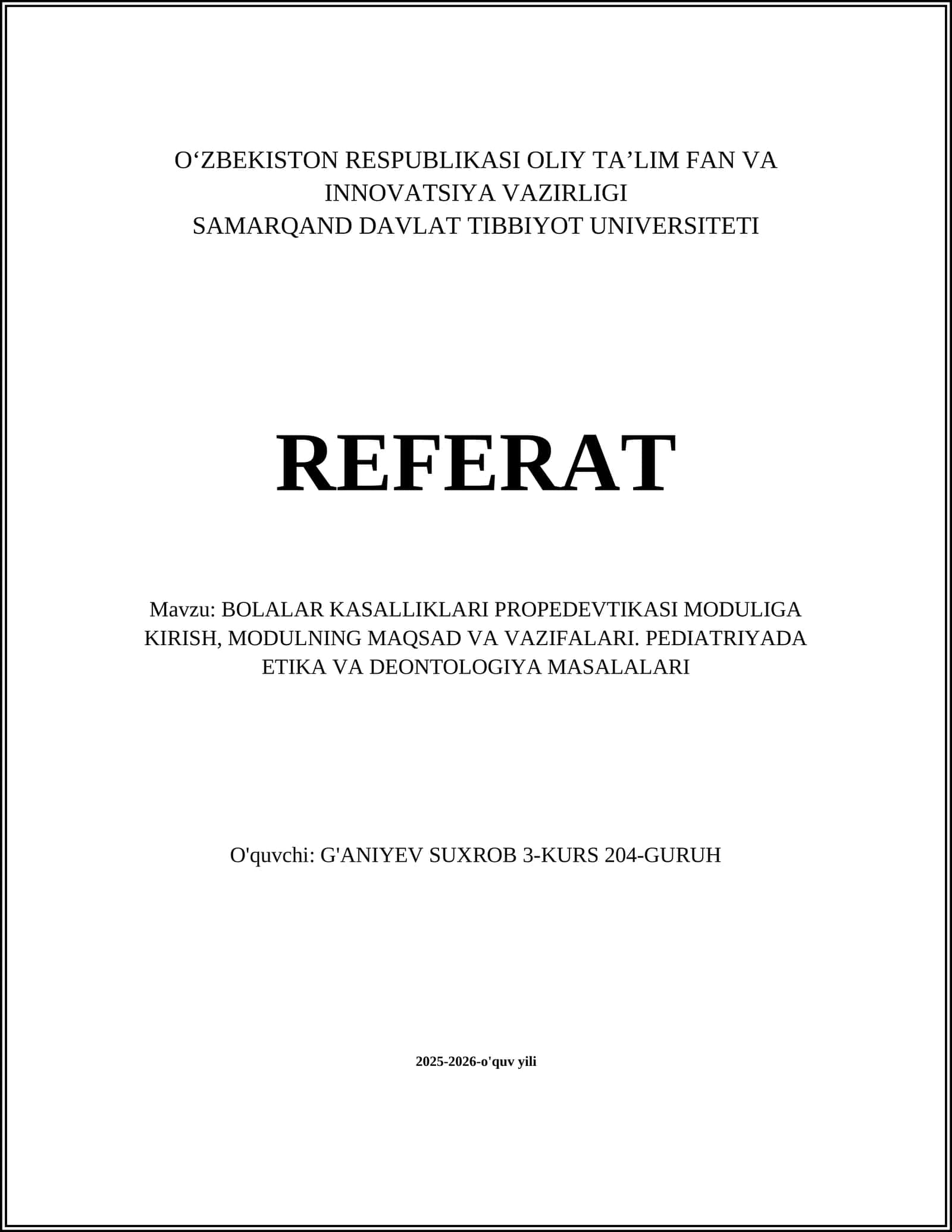 BOLALAR KASALLIKLARI PROPEDEVTIKASI MODULIGA