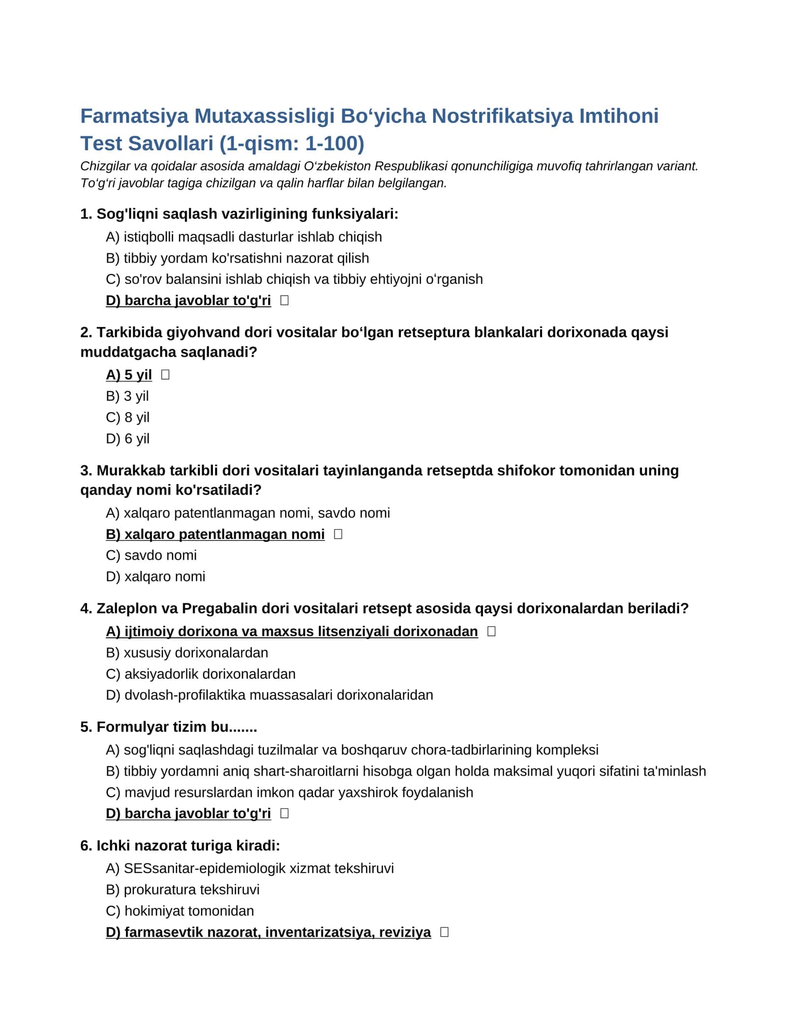 Farmatsiya Mutaxassisligi Bo‘yicha  Imtihoni Test Savollari (1-497)