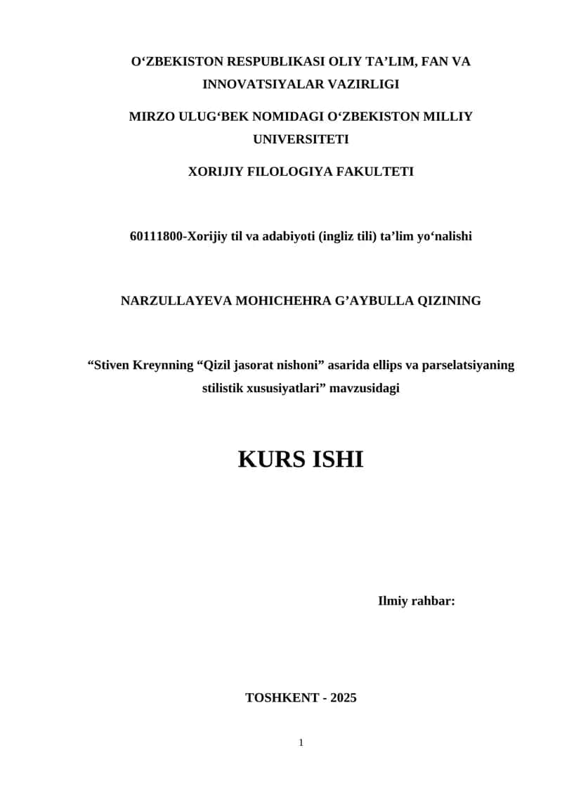 Stiven Kreynning "Qizil jasorat nishoni" asarida ellips va parselatsiyning stilistik xususiyatlari