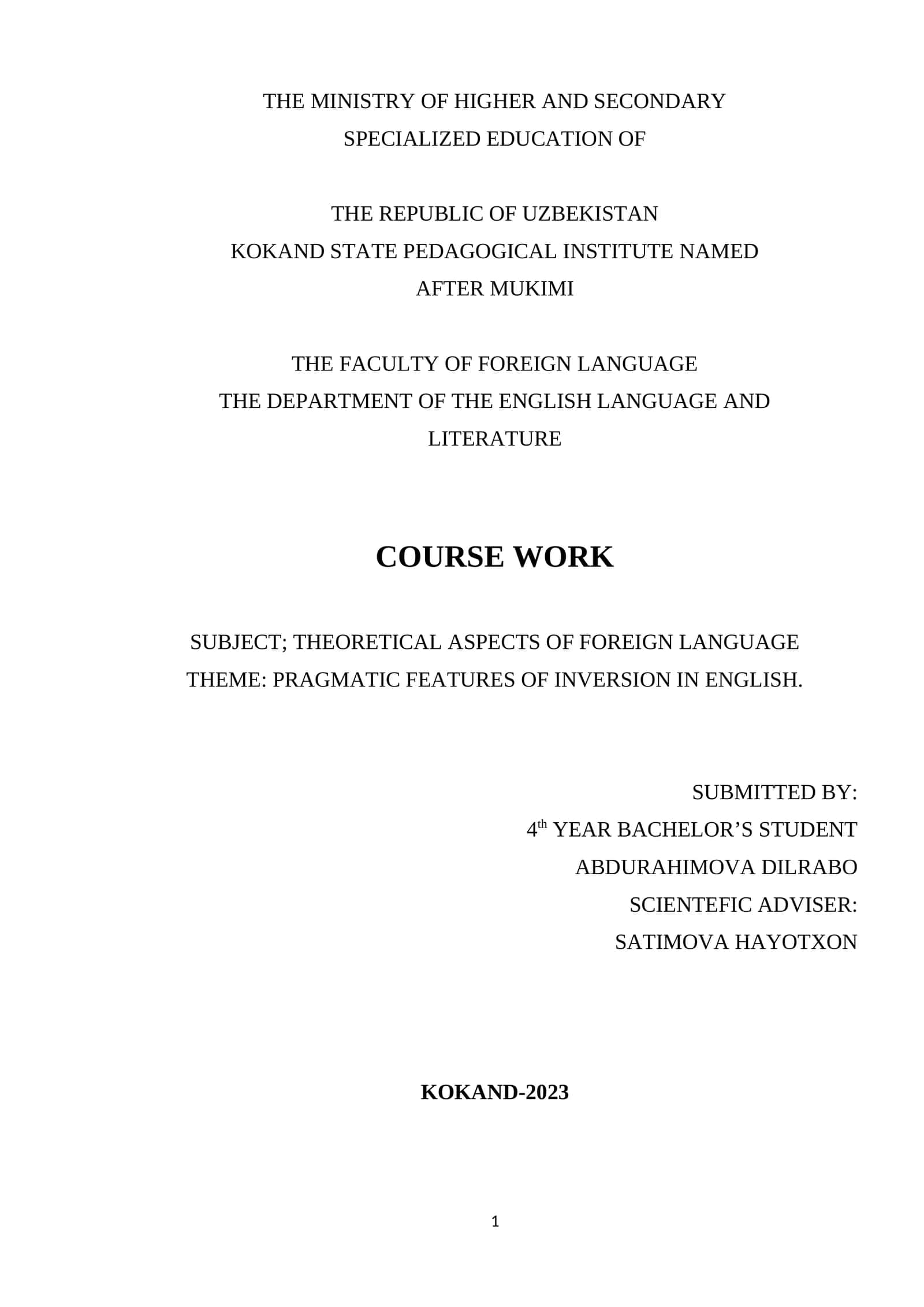 PRAGMATIC FEATURES OF INVERSION IN ENGLISH