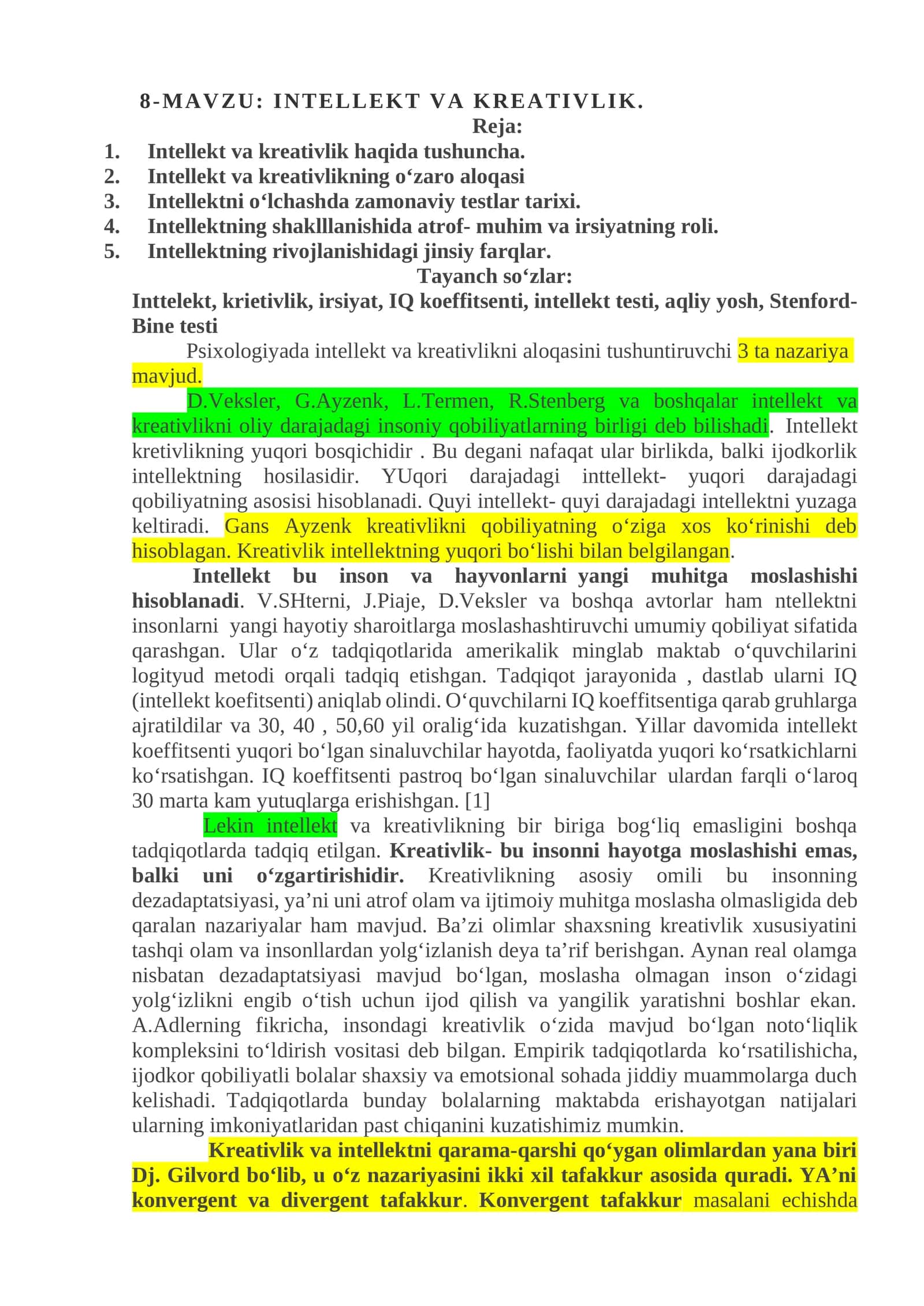 INTELLEKT VA KREATIVLIK