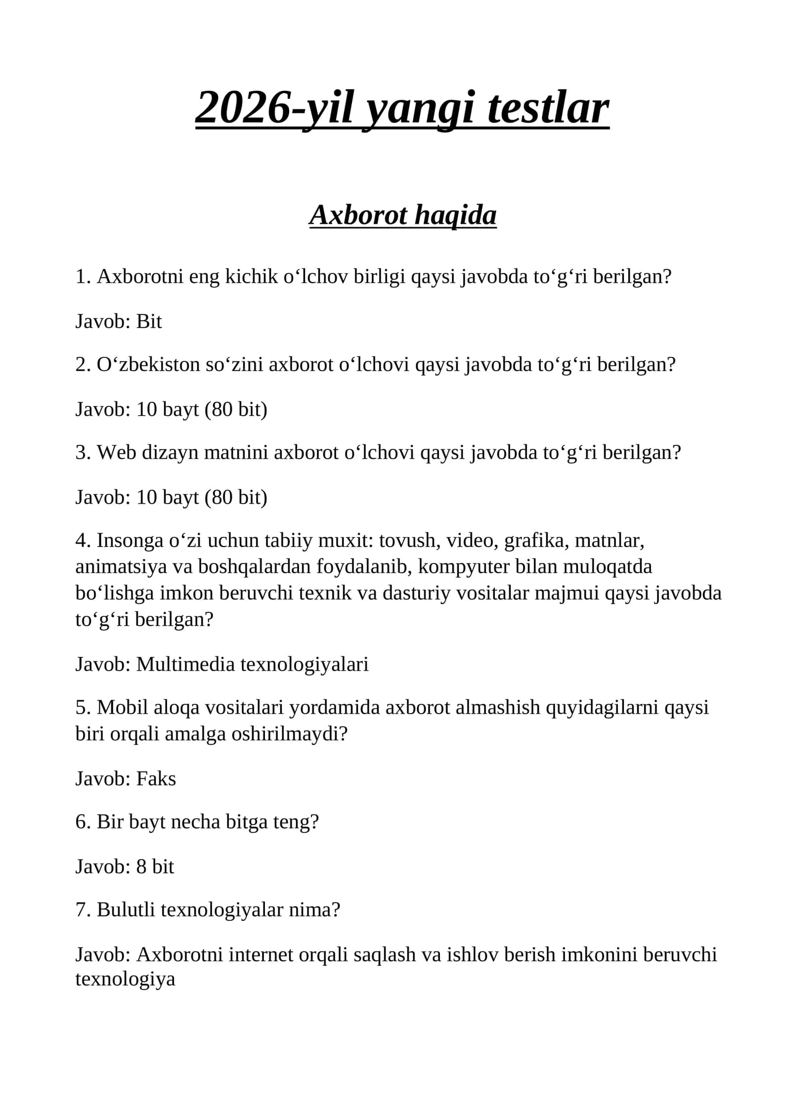 Argoss 2026-yil yangi testlar javoblari bilan 1
