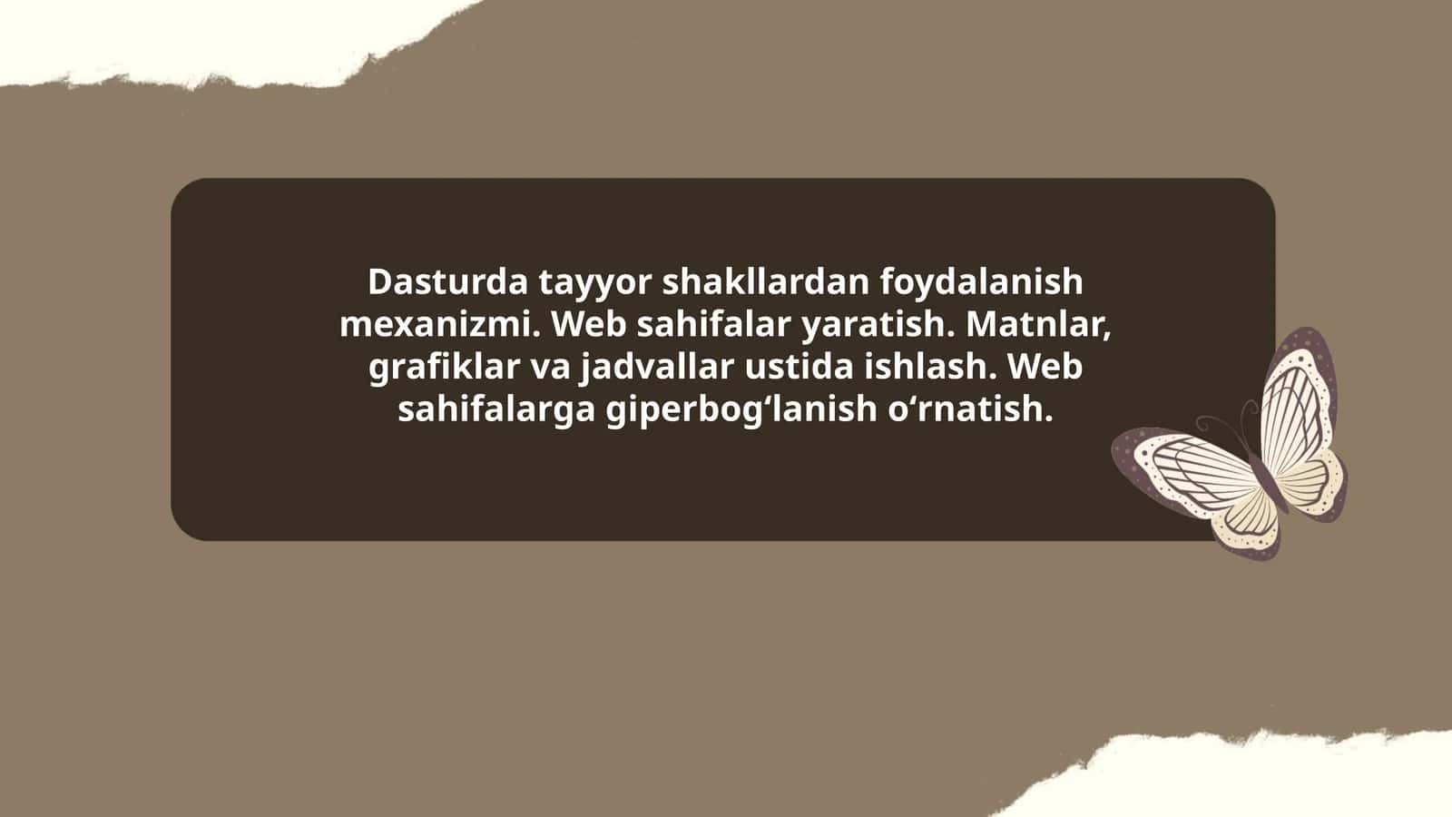 Dasturda tayyor shakllardan foydalanish mexanizmi. Web sahifalar yaratish. Matnlar, grafiklar va jadvallar ustida ishlash. Web sahifalarga giperbogʻlanish oʻrnatish