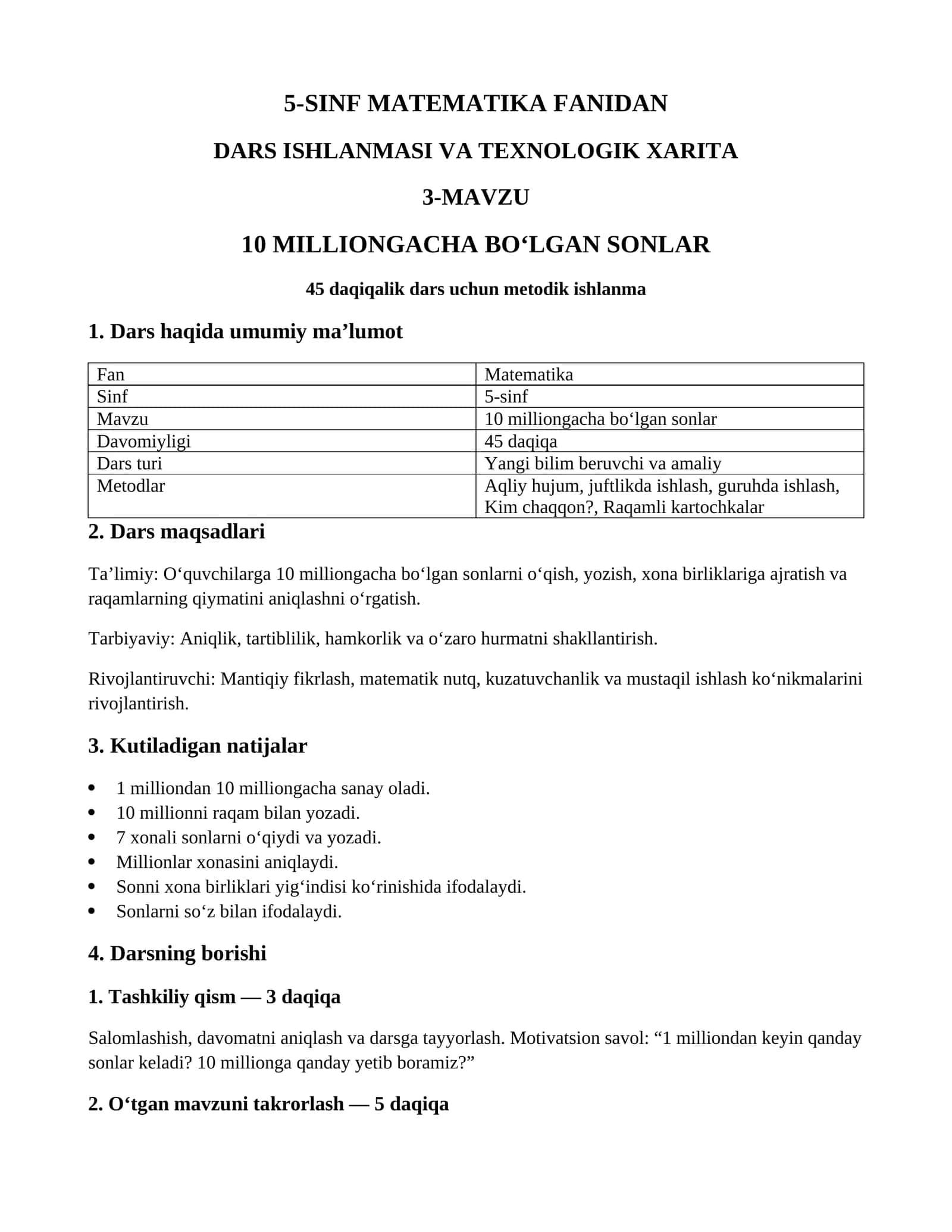 5-SINF MATEMATIKA FANIDAN DARS ISHLANMASI VA TEXNOLOGIK XARITA