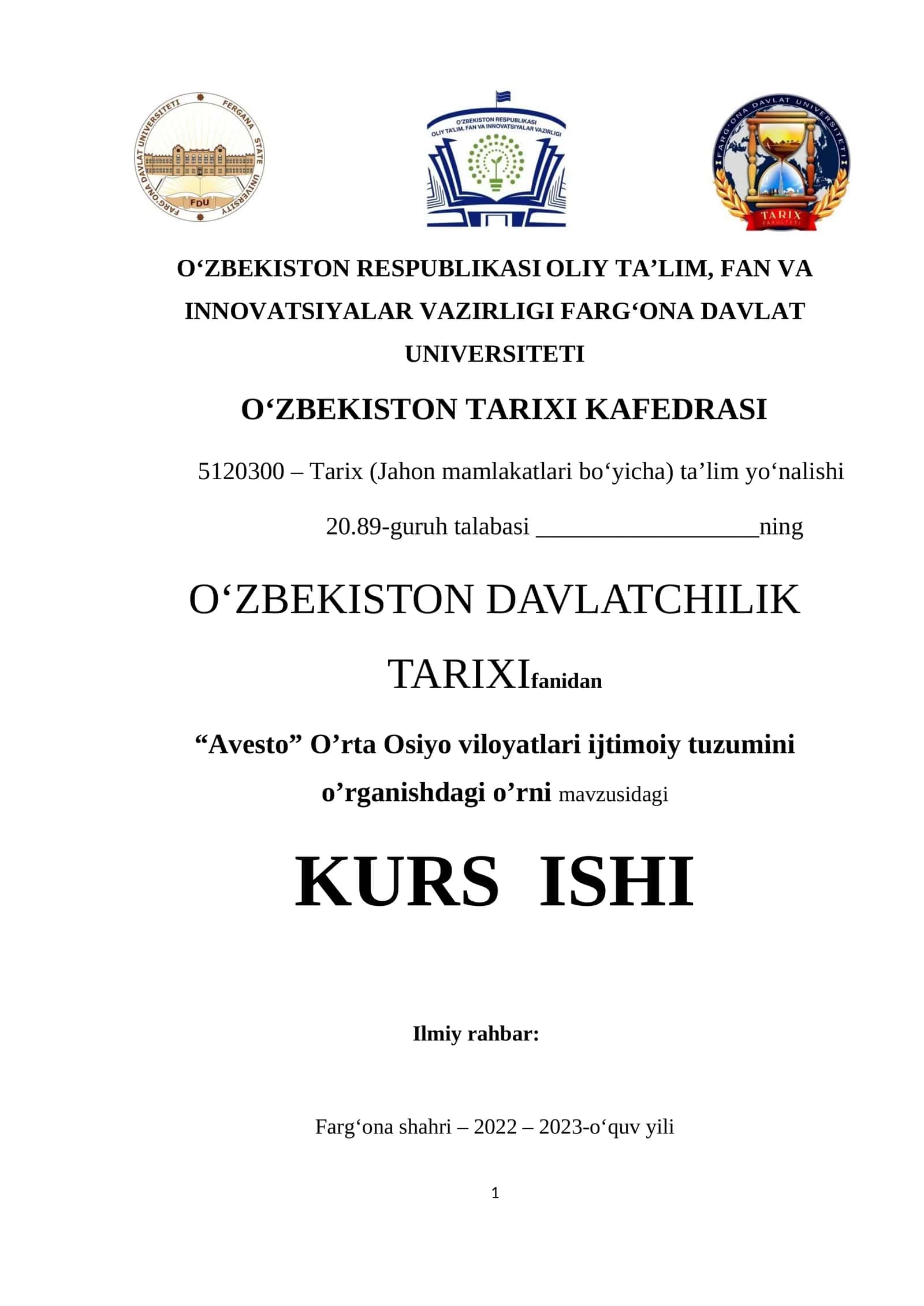 “Avesto” O’rta Osiyo viloyatlari ijtimoiy tuzumini o’rganishdagi o’rni mavzusidagi KURS ISHI