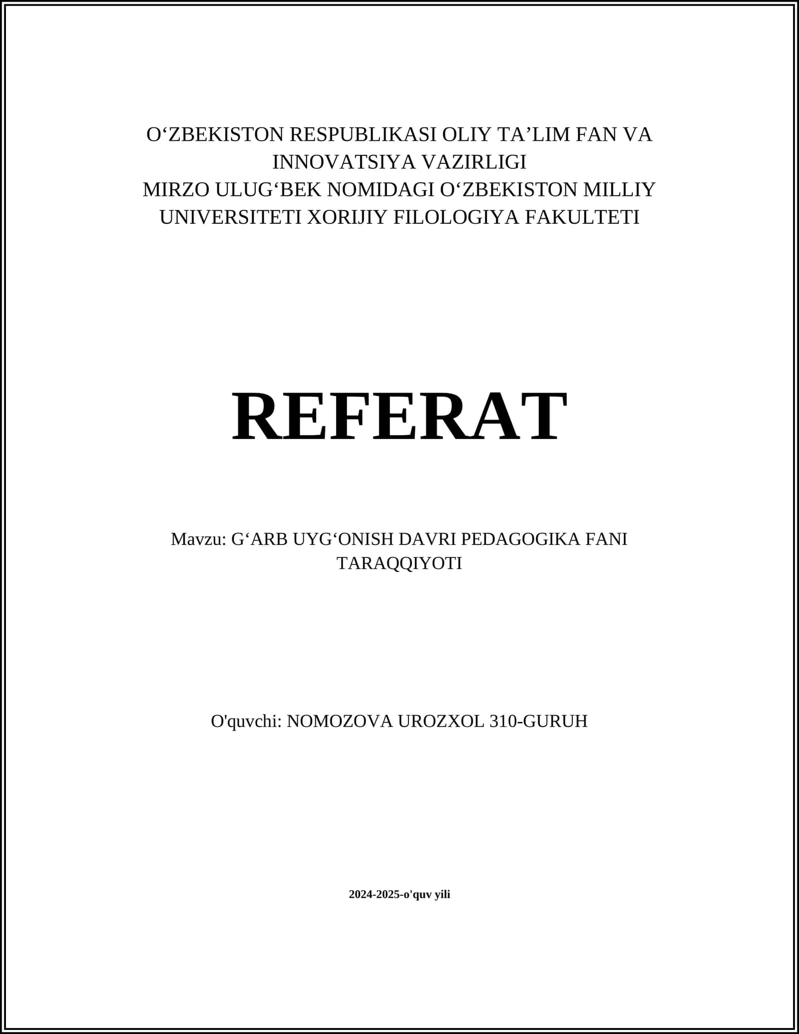 GʻARB UYGʻONISH DAVRI PEDAGOGIKA FANI TARAQQIYOTI