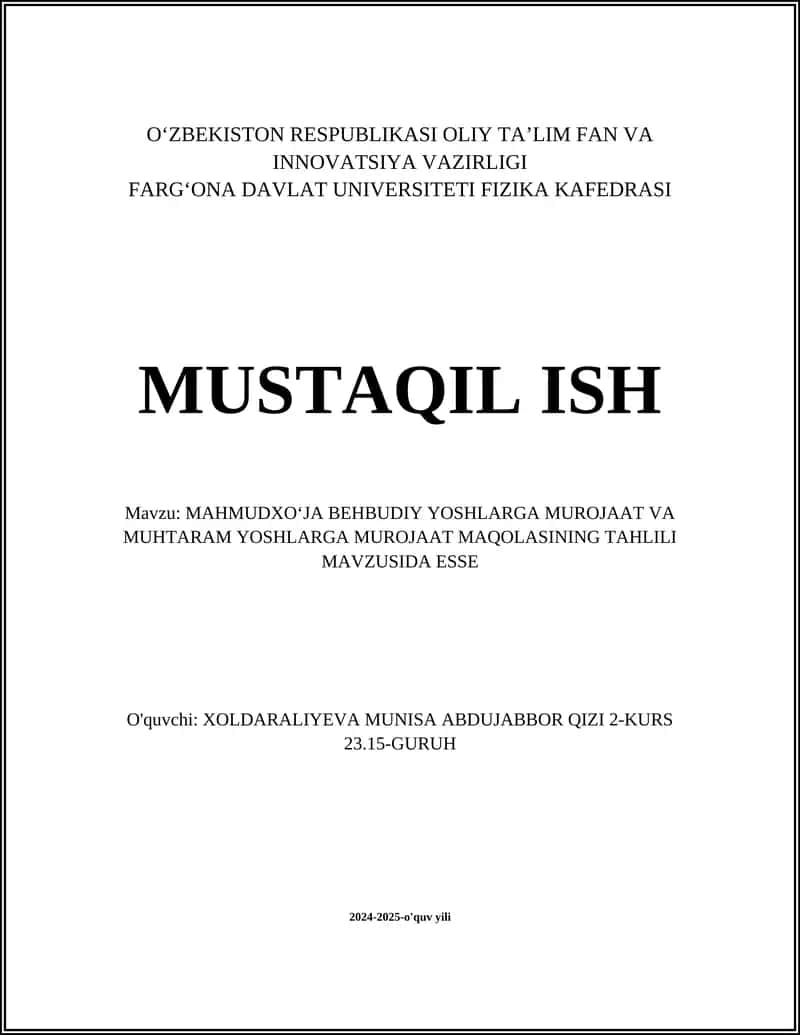 "MAHMUDXO'JA BEHBUDIY YOSHLARGA MUROJAAT VA MUHTARAM YOSHLARGA MUROJAAT MAQOLASINING TAHLILI"