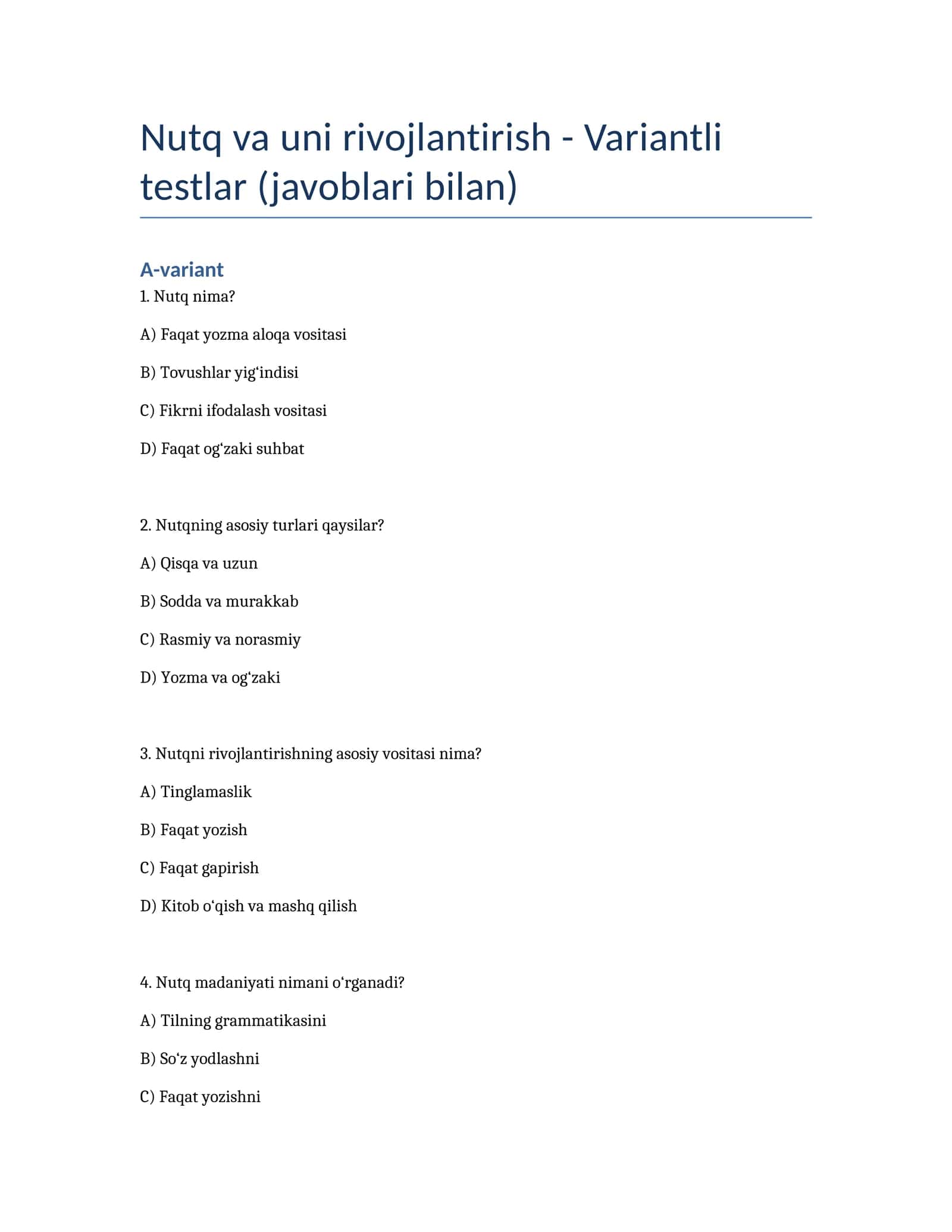 Nutq va uni rivojlantirish - Variantli testlar (javoblari bilan)