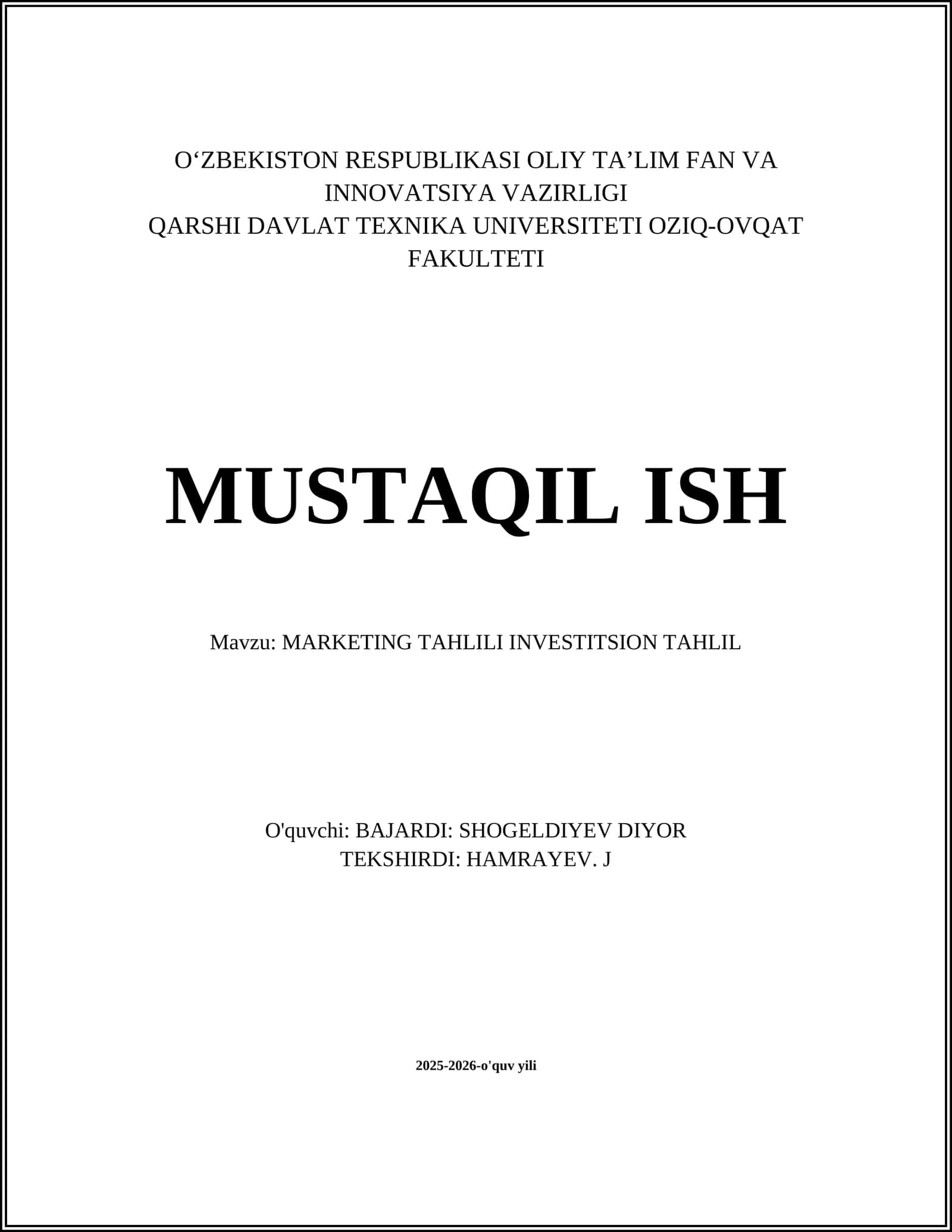 MARKETING TAHLILI INVESTITSION TAHLIL