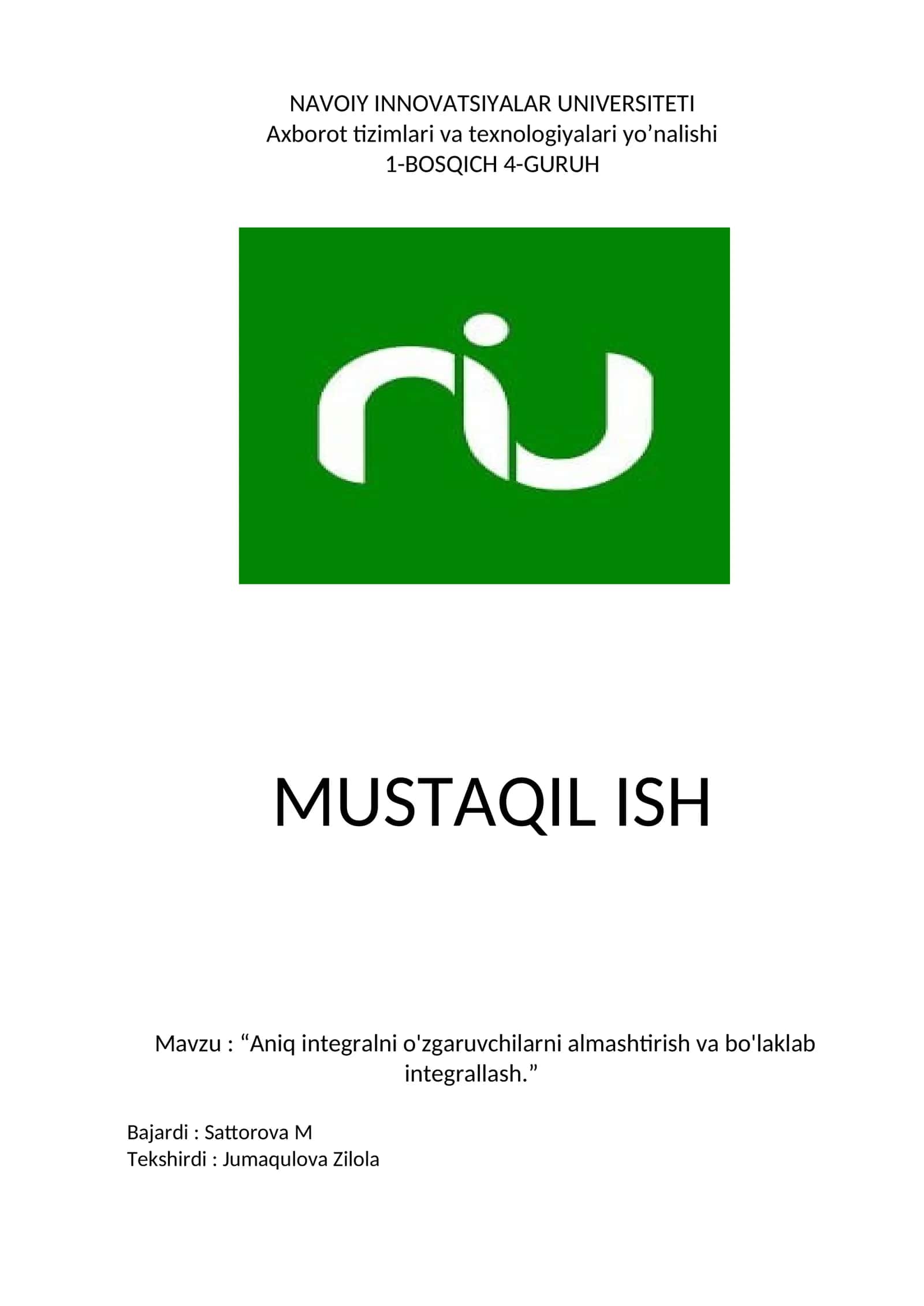 Aniq integralni o'zgaruvchilarni almashtirish va bo'laklab integrallash