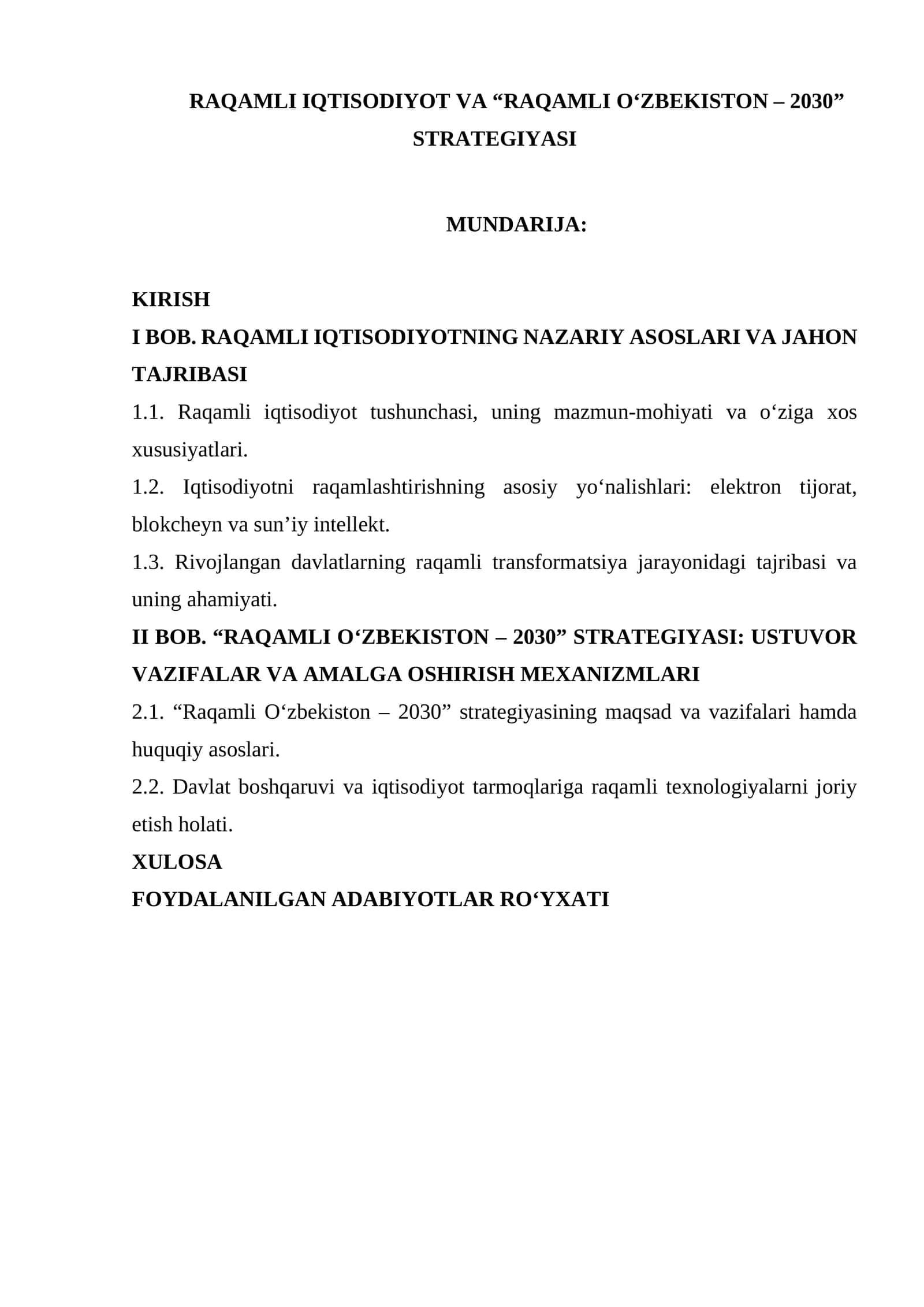 RAQAMLI IQTISODIYOT VA “RAQAMLI O‘ZBEKISTON – 2030” STRATEGIYASI