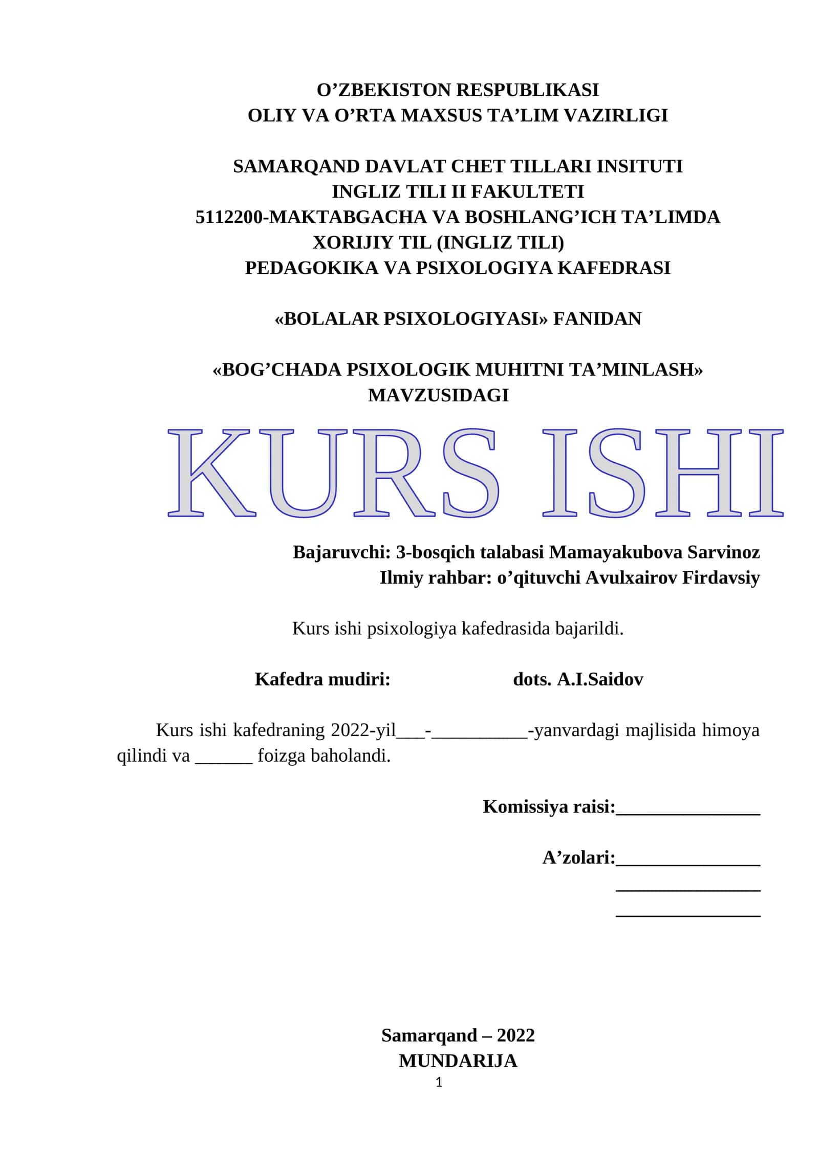 BOG’CHADA PSIXOLOGIK MUHITNI TA’MINLASH