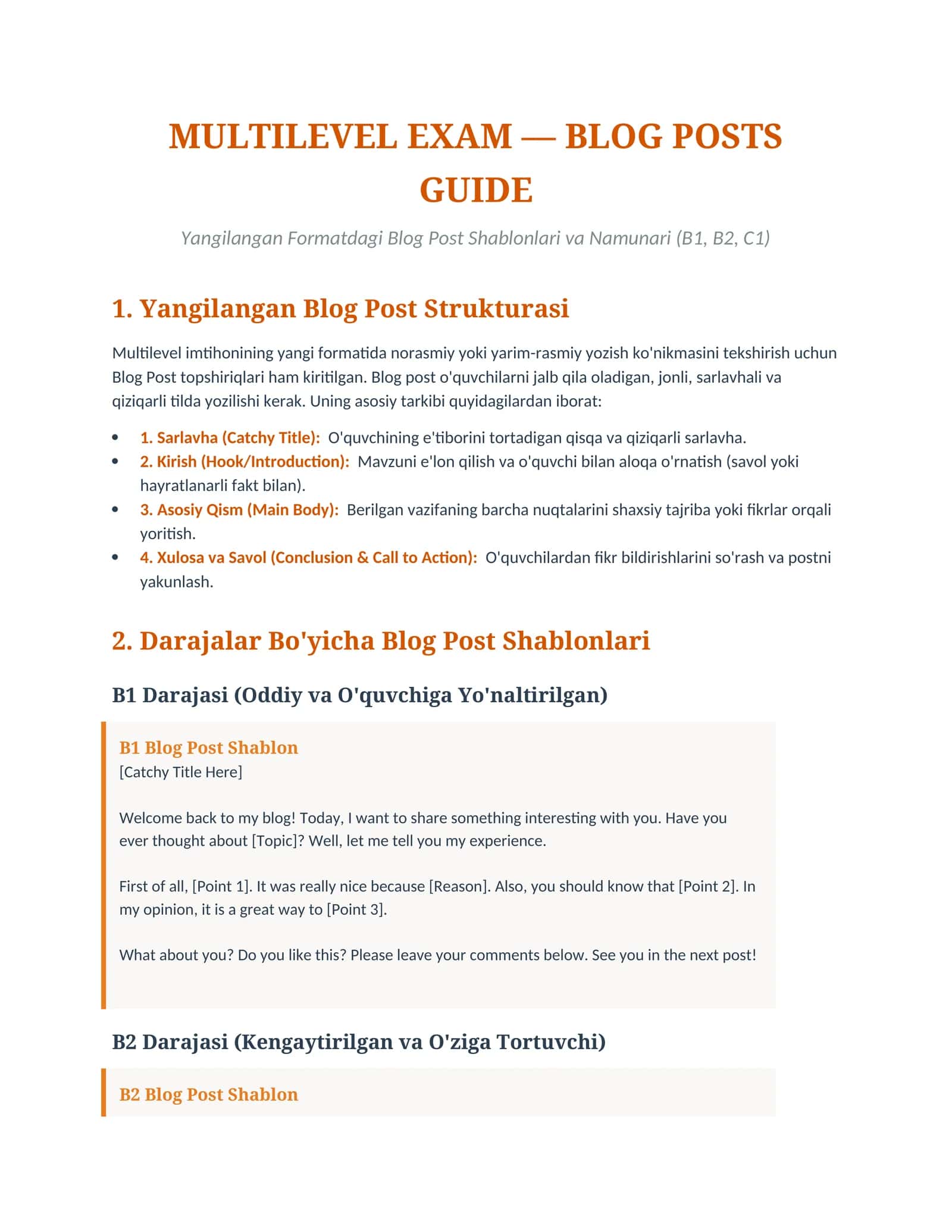Yangilangan Formatdagi Blog Post Shablonlari va Namunari (B1, B2, C1)