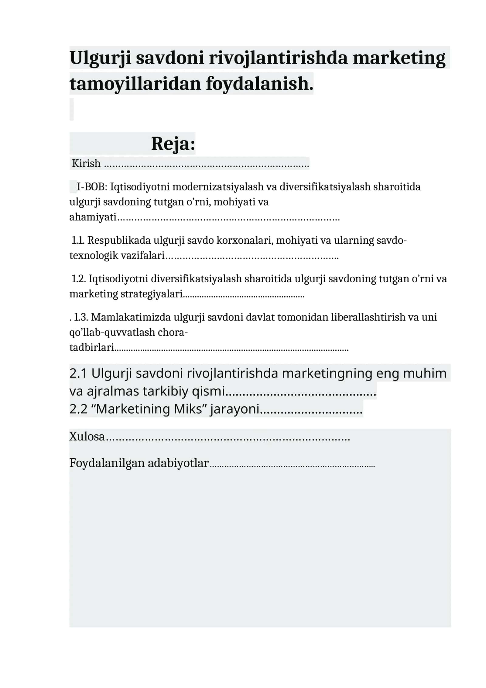 Ulgurji savdoni rivojlantirishda marketing tamoyillaridan foydalanish
