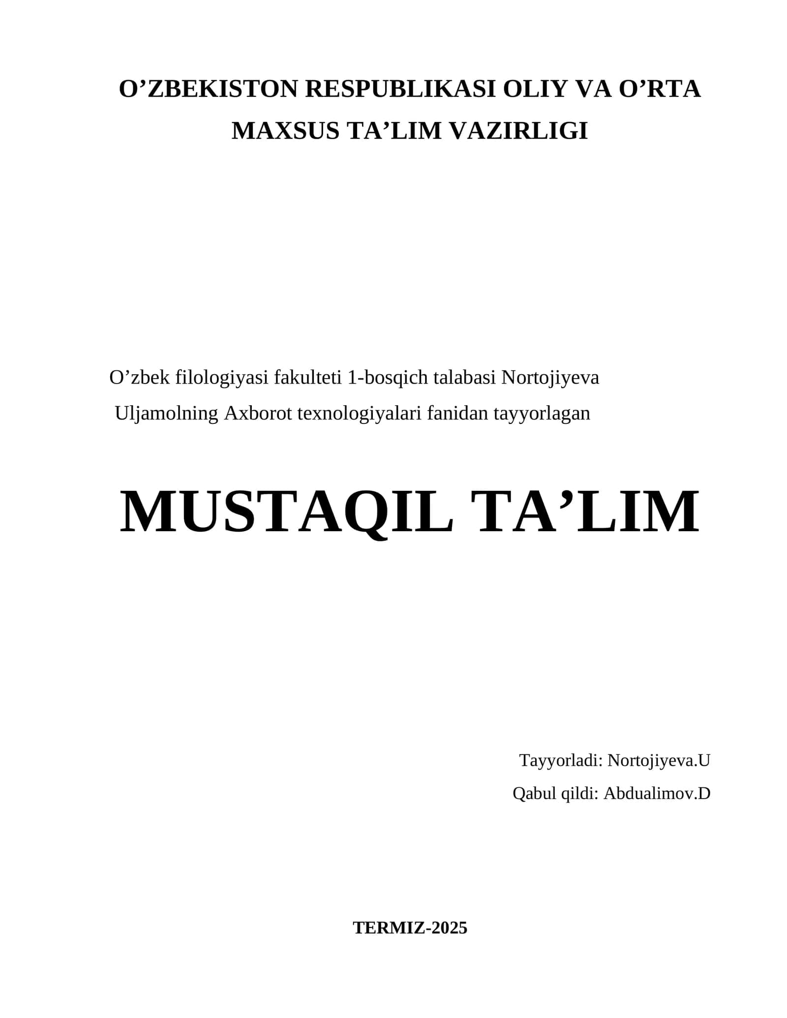 MUSTAQIL TA’LIM - FORMULALAR VA FUNKSIYALAR YORDAMIDA HISOB-KITOB BAJARISH
