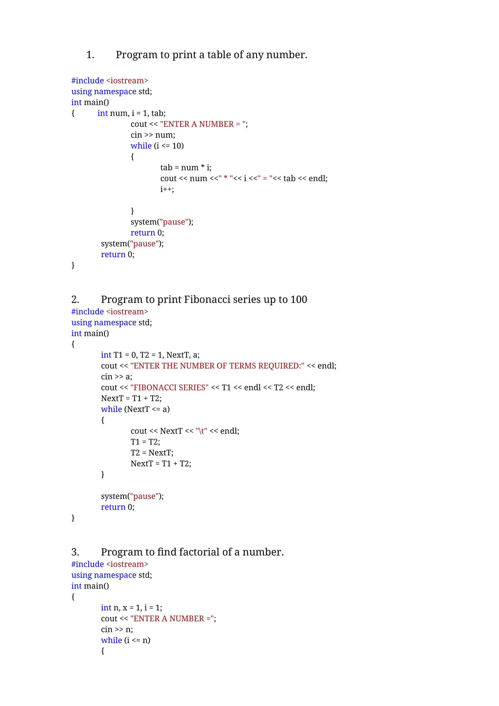 Program to find factorial of a number