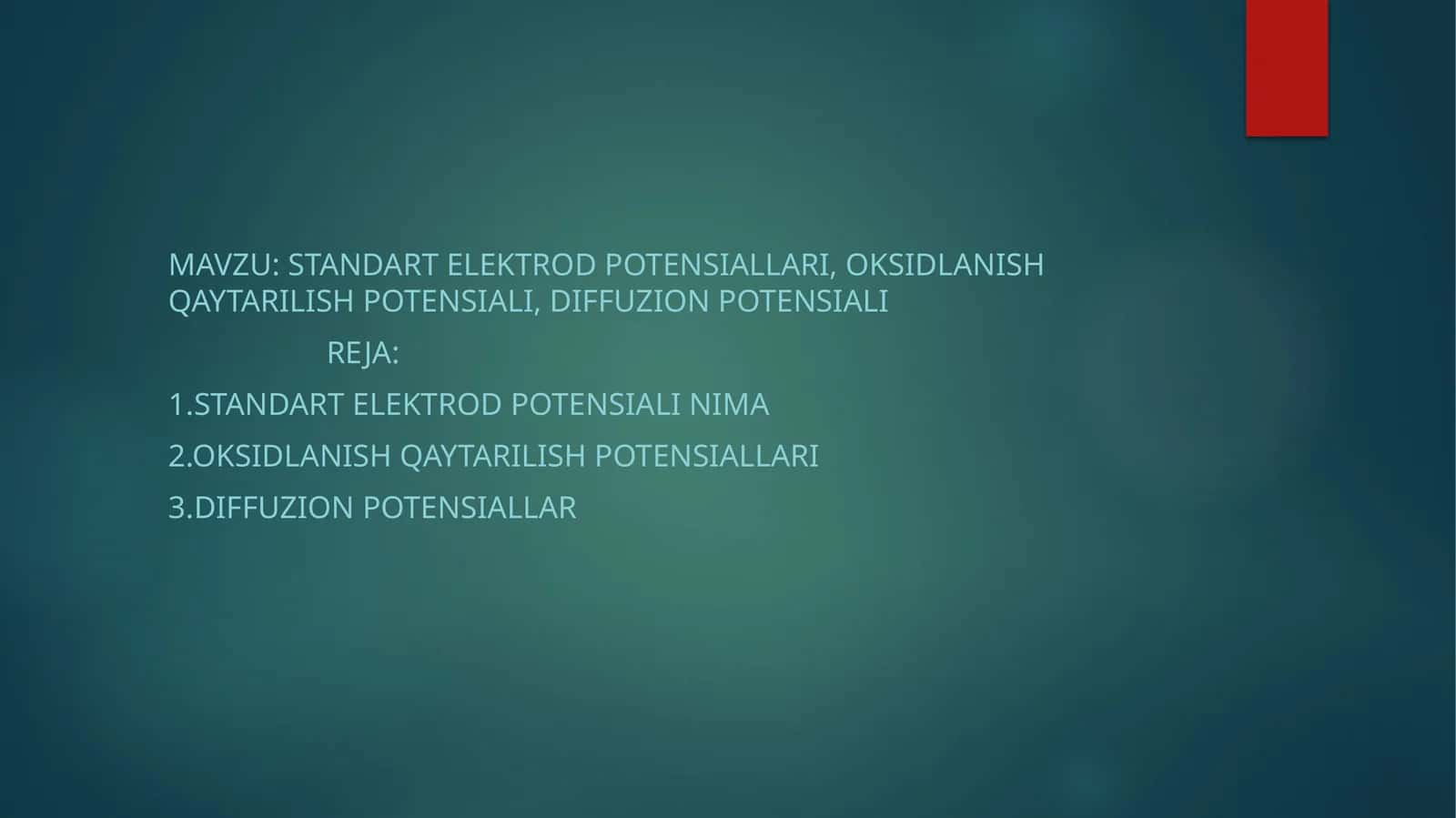 STANDART ELEKTROD POTENSIALLARI, Oksidlanish qaytarilish potensiali, diffuzion potensiali