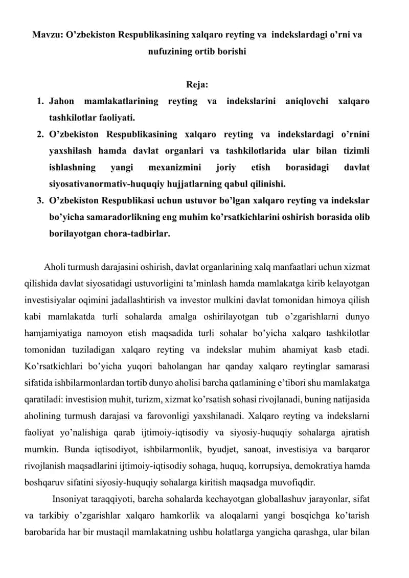 O’zbekiston Respublikasining xalqaro reyting va indekslardagi o’rni va nufuzining ortib borishi