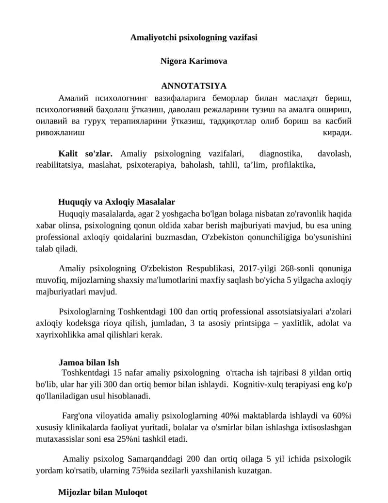 Amaliyotchi psixologning vazifasi