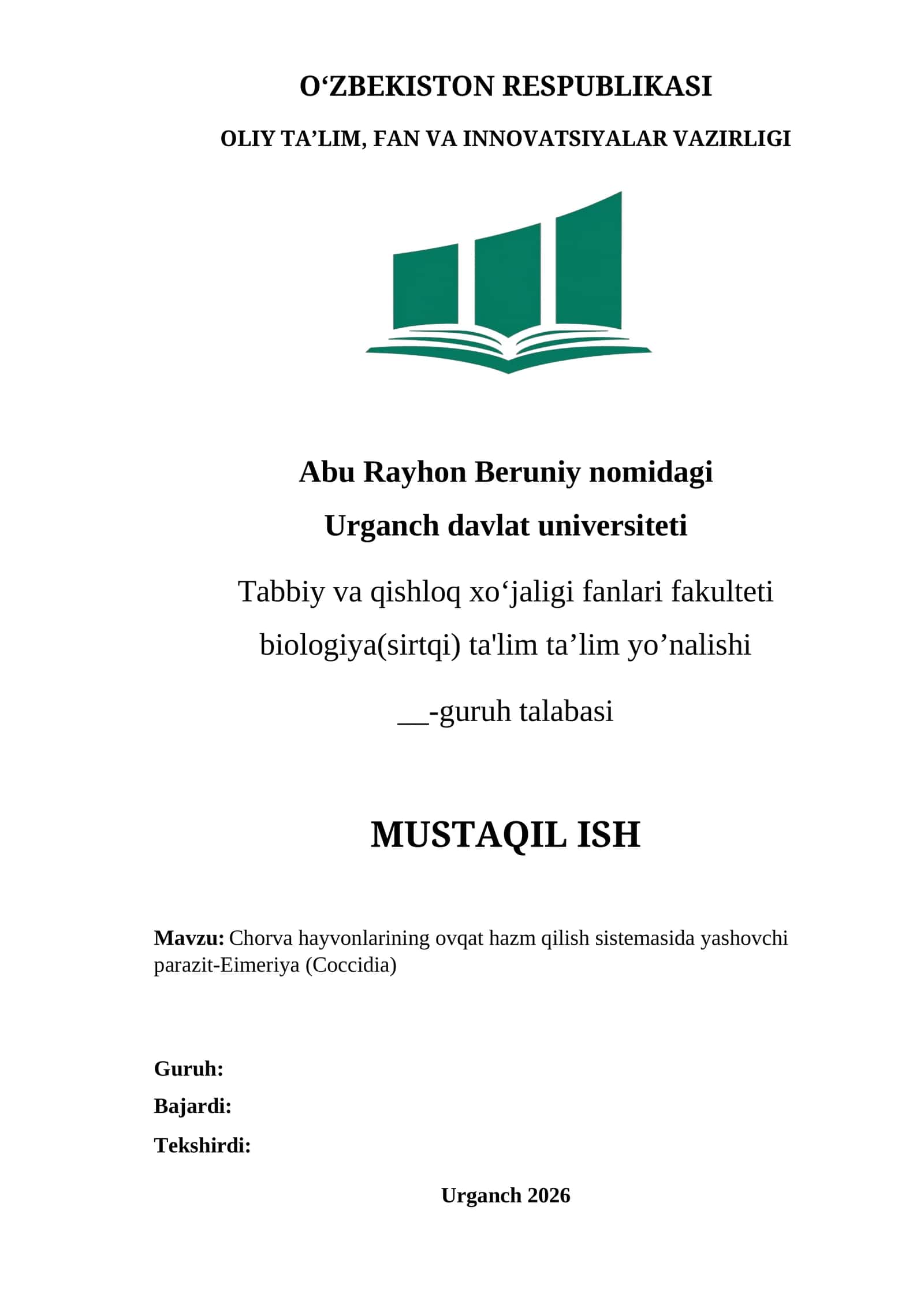 Chorva hayvonlarining ovqat hazm qilish sistemasida yashovchi parazit-Eimeriya (Coccidia)