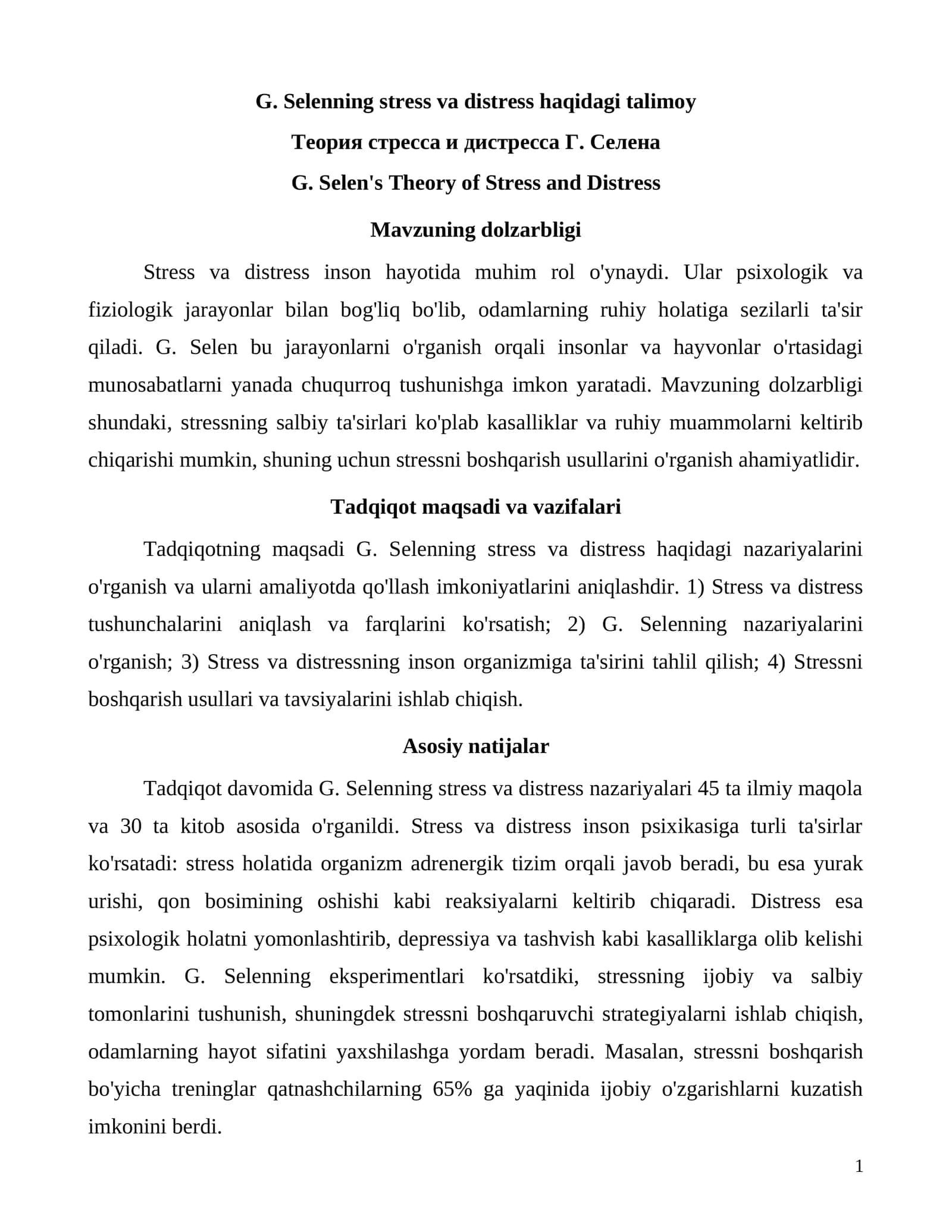 G. Selenning stress va distress haqidagi talimoy