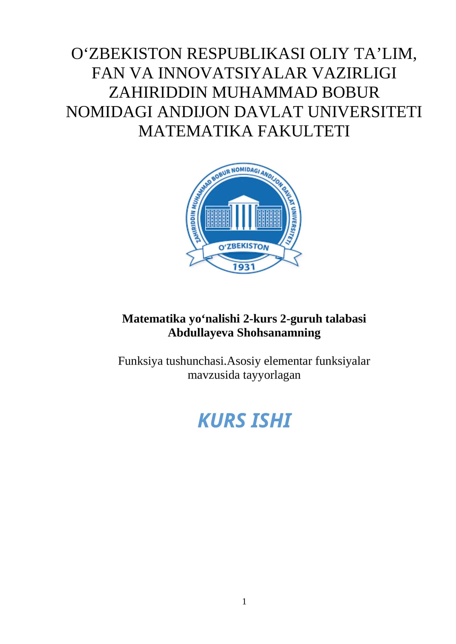 Funksiya tushunchasi.Asosiy elementar funksiyalar
