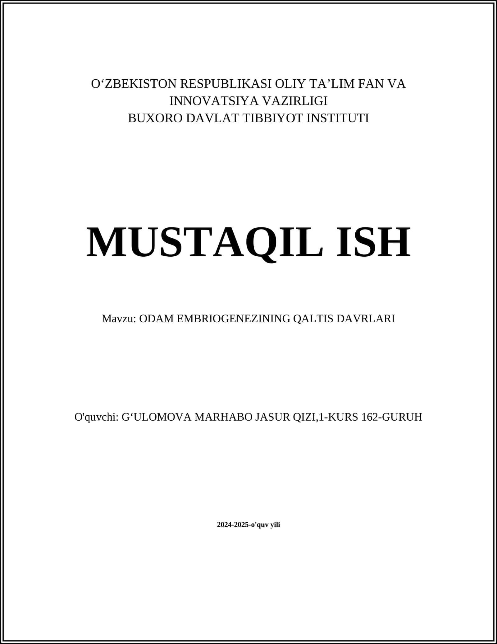 ODAM EMBRIOGENEZINING QALTIS DAVRLARI