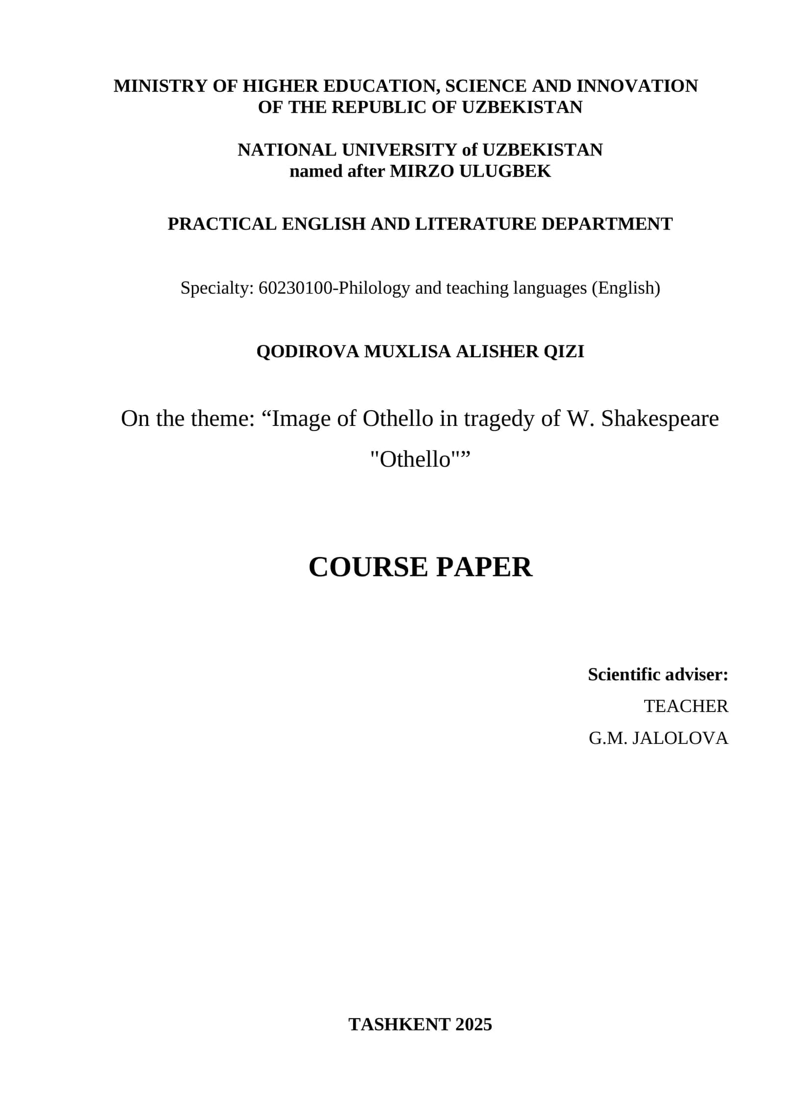 Othello in Shakespeare's Tragedy