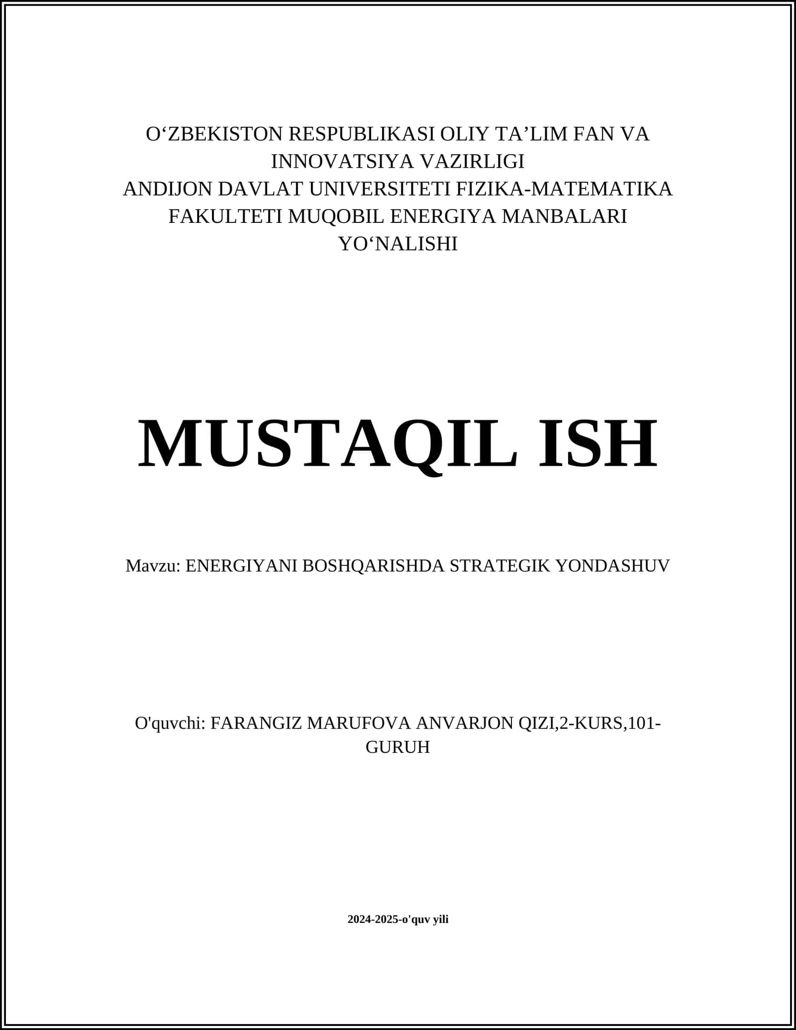 ENERGIYANI BOSHQARISHDA STRATEGIK YONDASHUV