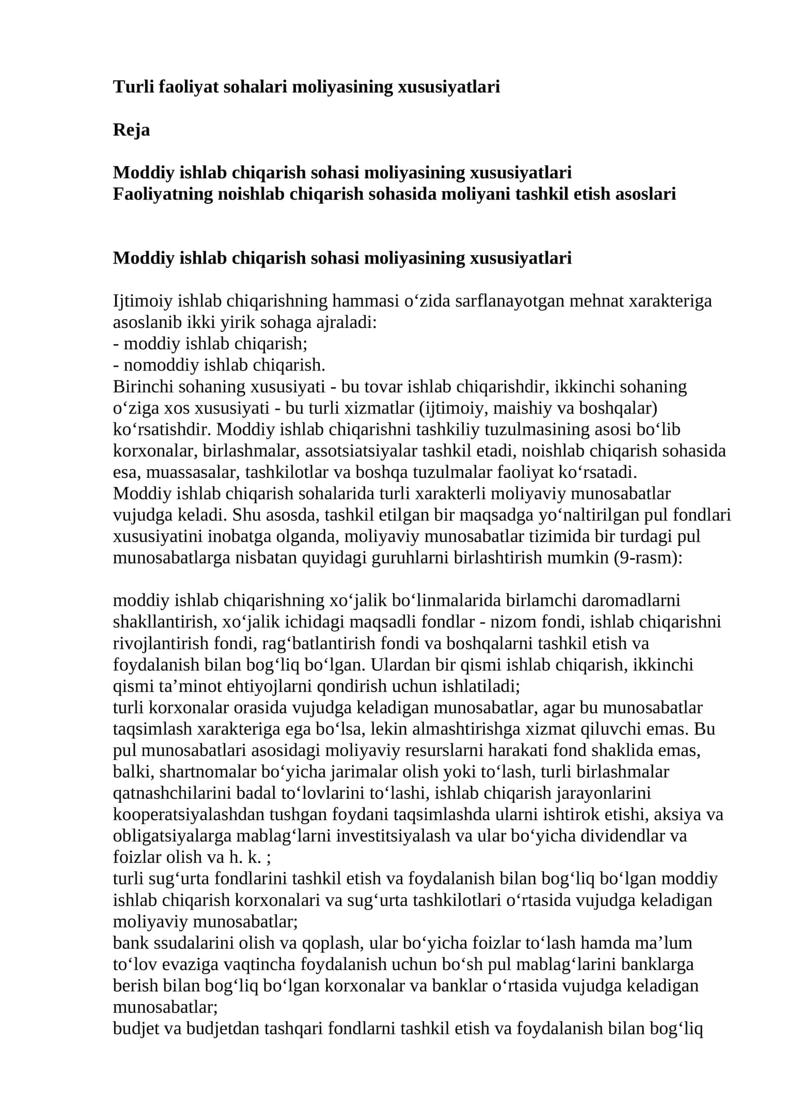 Turli faoliyat sohalari moliyasining xususiyatlari