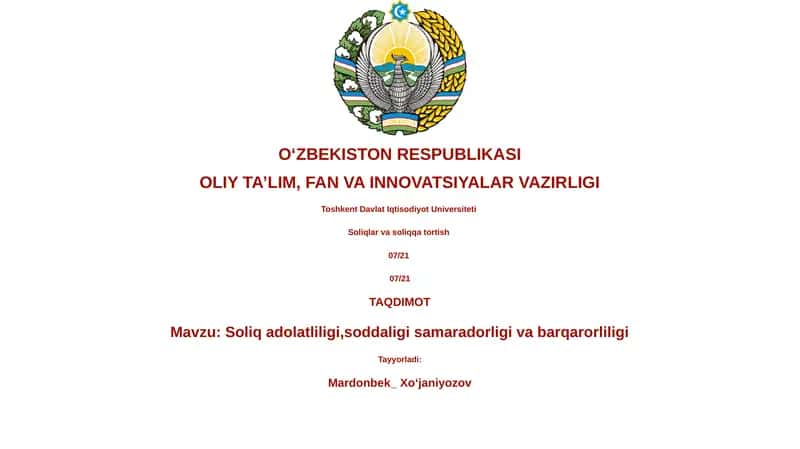 Soliq adolatliligi,soddaligi samaradorligi va barqarorliligi