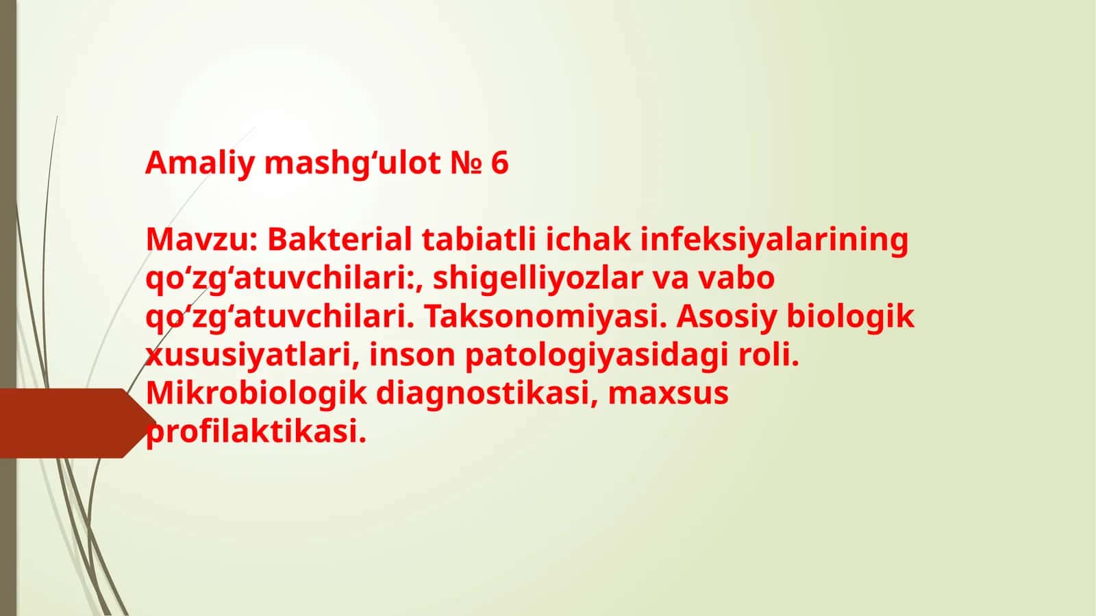 Bakterial tabiatli ichak infeksiyalarining qo‘zg‘atuvchilari, shigelliyozlar va vabo qo‘zg‘atuvchilari. Taksonomiyasi. Asosiy biologik  xususiyatlari, inson patologiyasidagi roli. Mikrobiologik diagnostikasi, maxsus profilaktikasi.