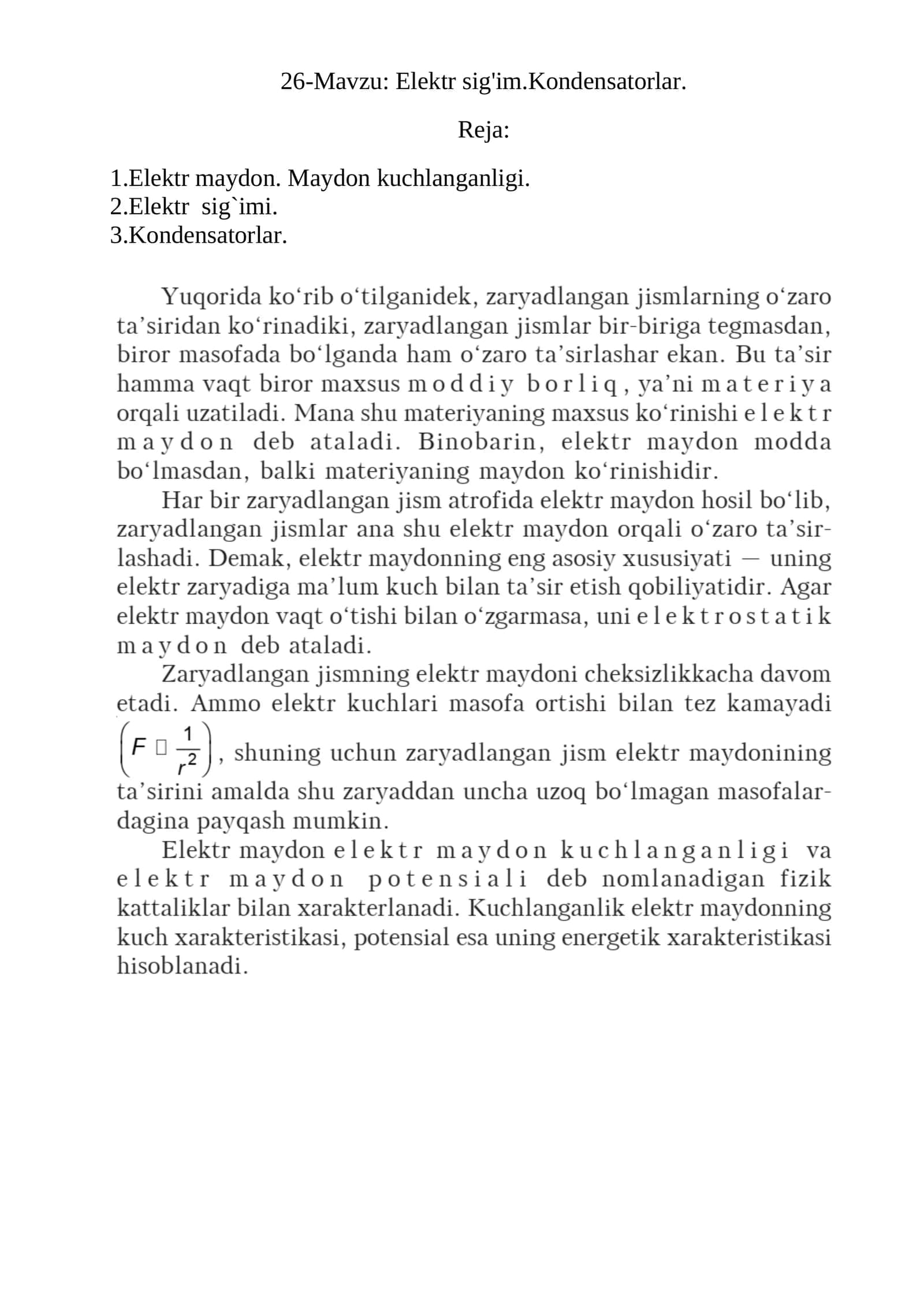 Elektr sig'im.Kondensatorlar