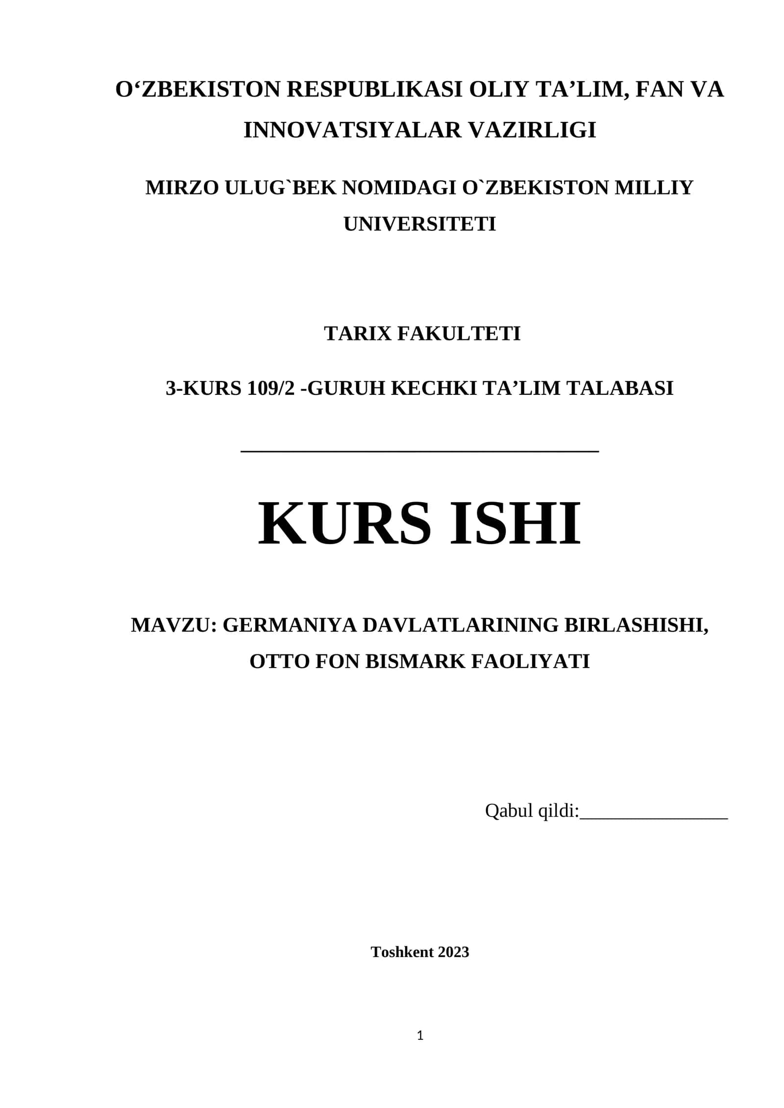 GERMANIYA DAVLATLARINING BIRLASHISHI, OTTO FON BISMARK FAOLIYATI