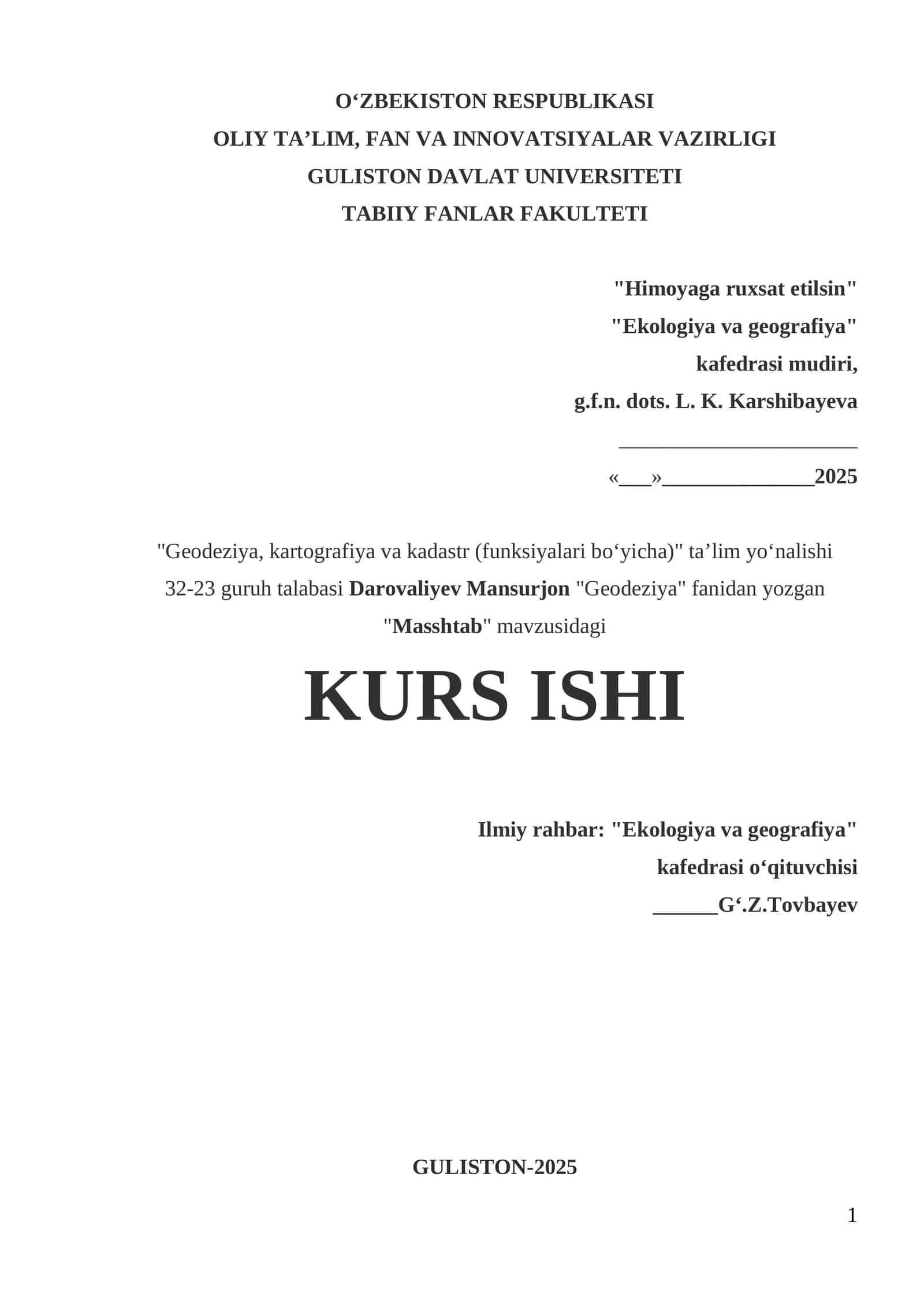 Geodeziya fanidan "Mashtab" mavzusidagi KURS ISHI