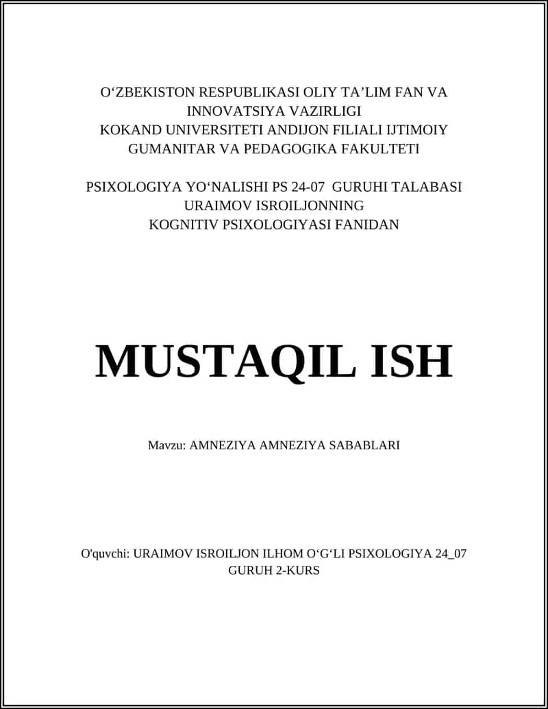 Koginitiv Psixologiyasi Fanidna Mustaqil ish