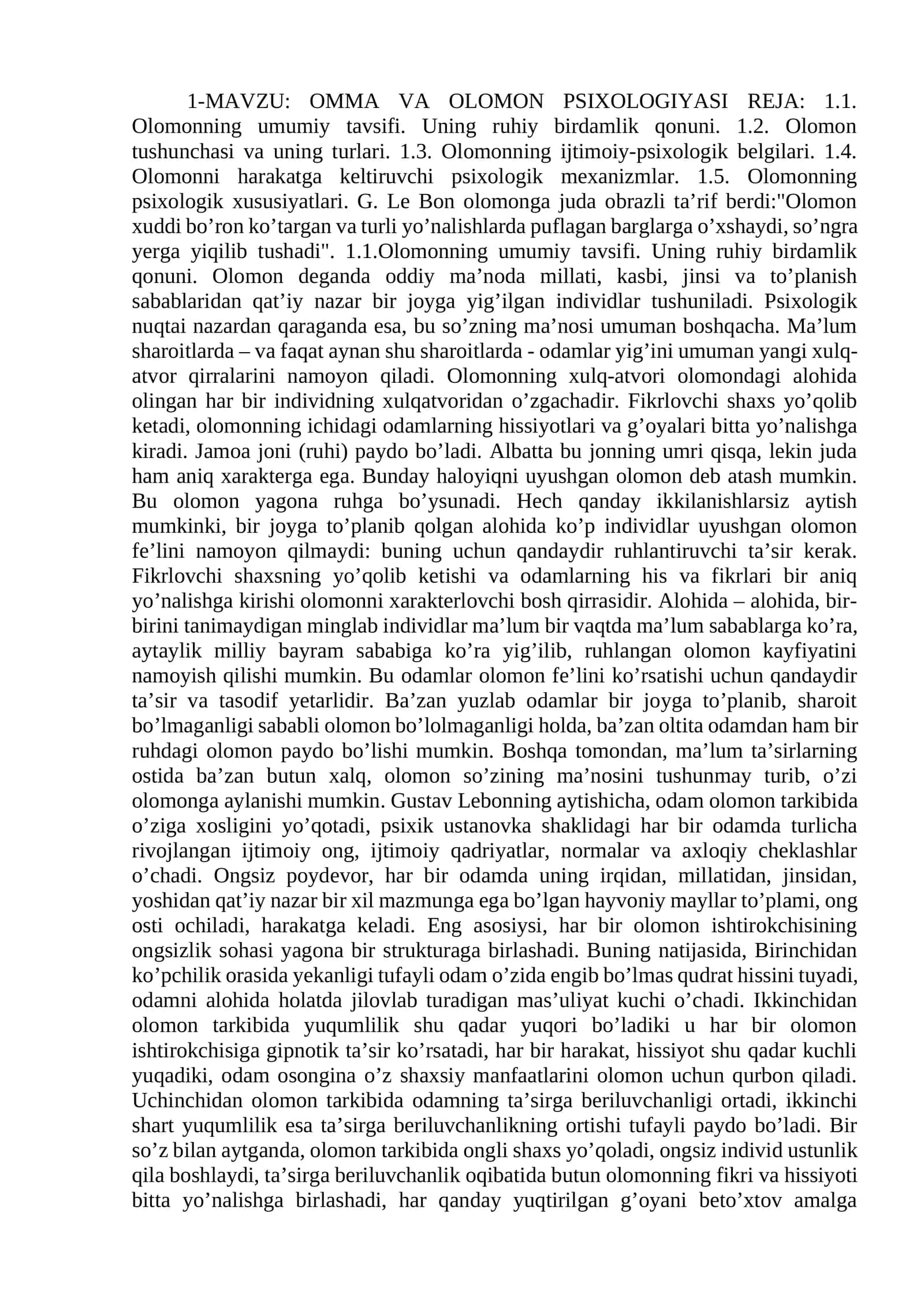 OMMA VA OLOMON PSIXOLOGIYASI