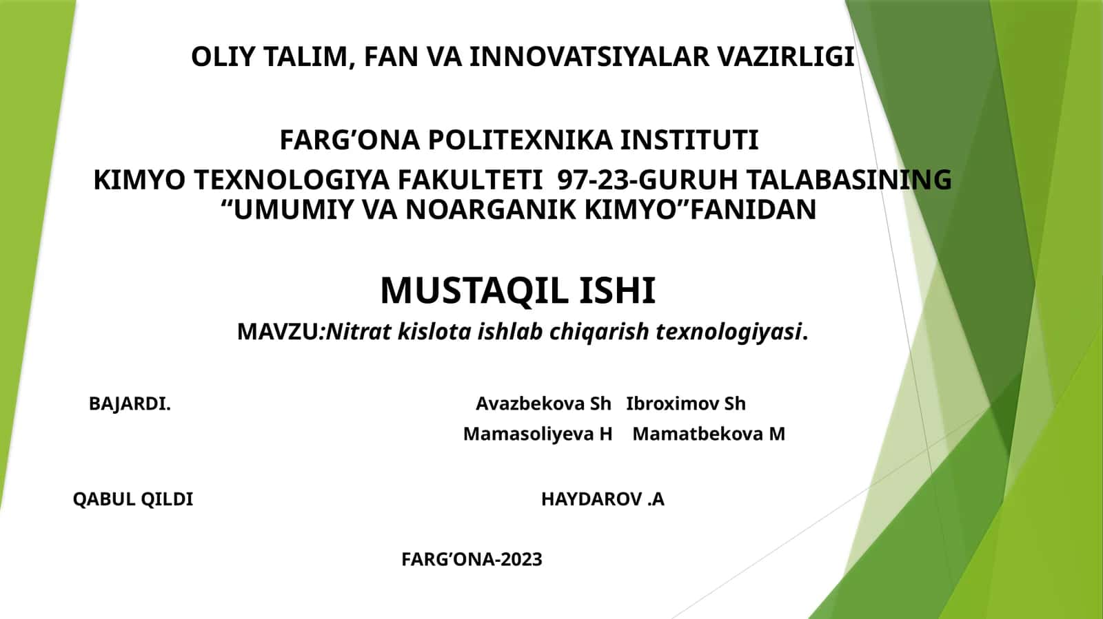 Nitrat kislota ishlab chiqarish texnologiyasi