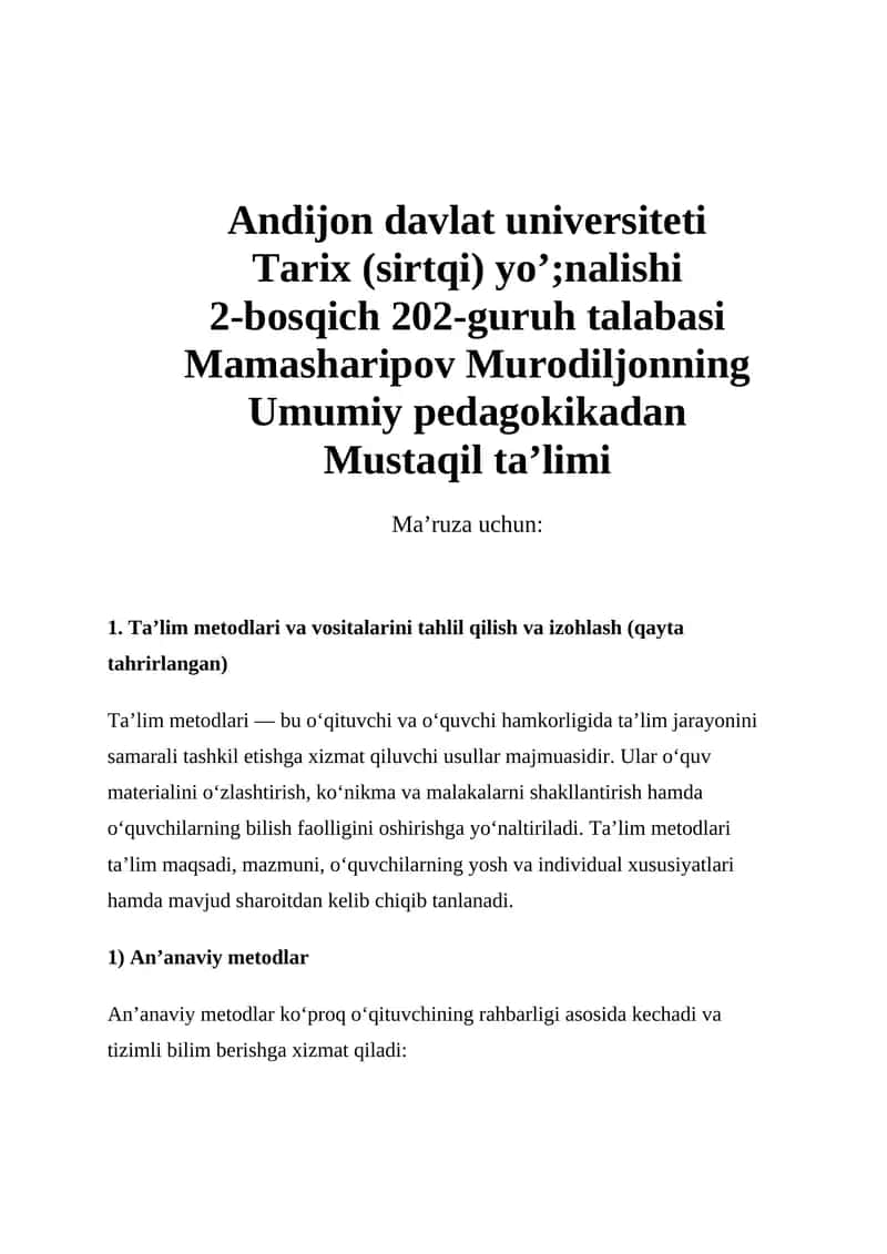 Ta’lim Metodlari va Vositalari