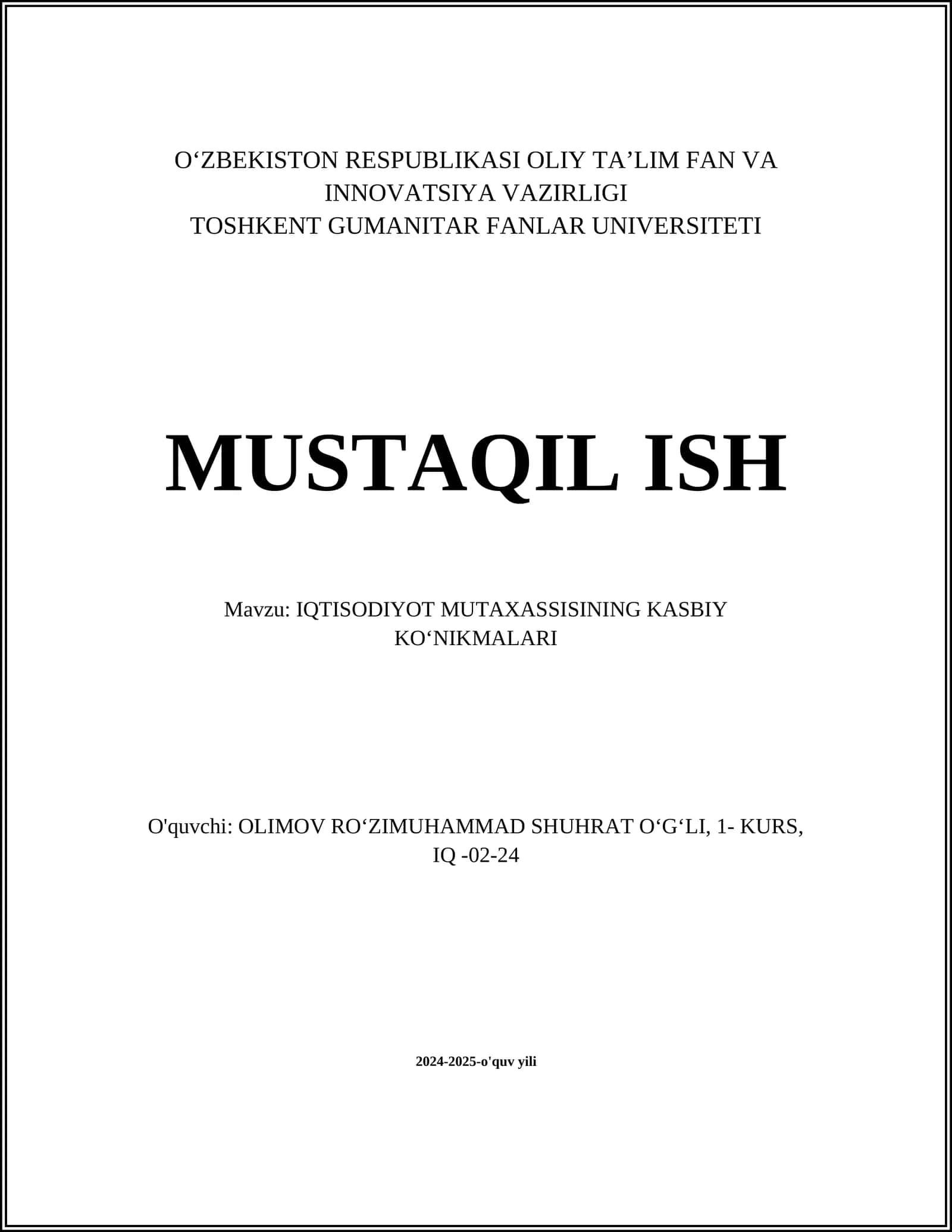 IQTISODIYOT MUTAXASSISINING KASBIY KOʻNIKMALARI