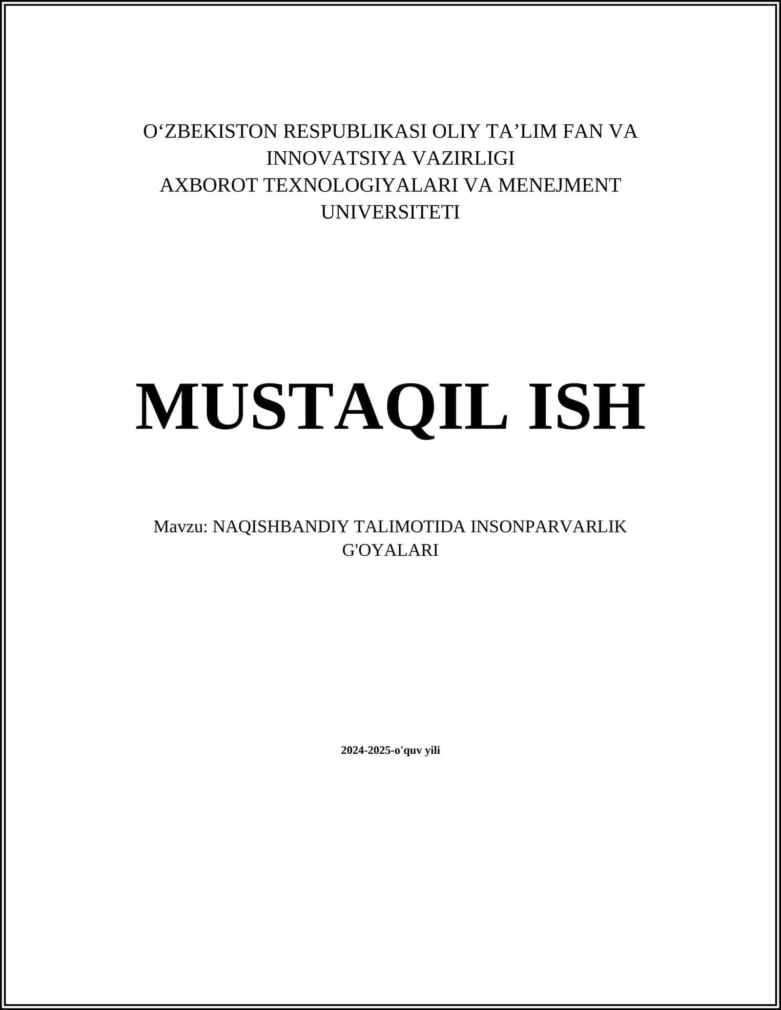 NAQISHBANDIY TALIMOTIDA INSONPARVARLIK G'OYALARI