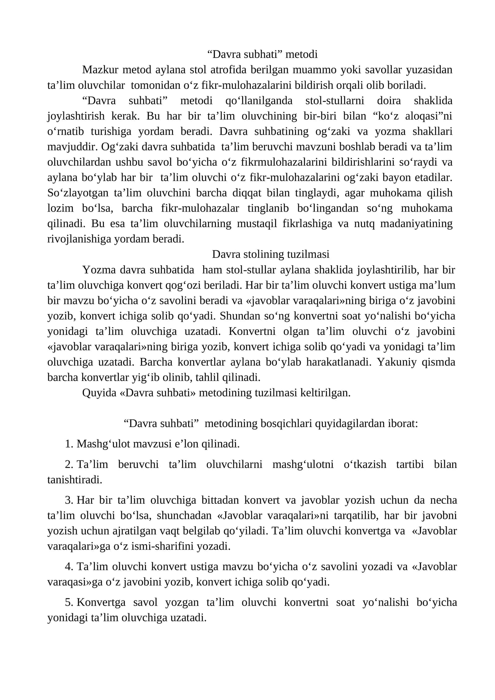 “Davra subhati” metodi